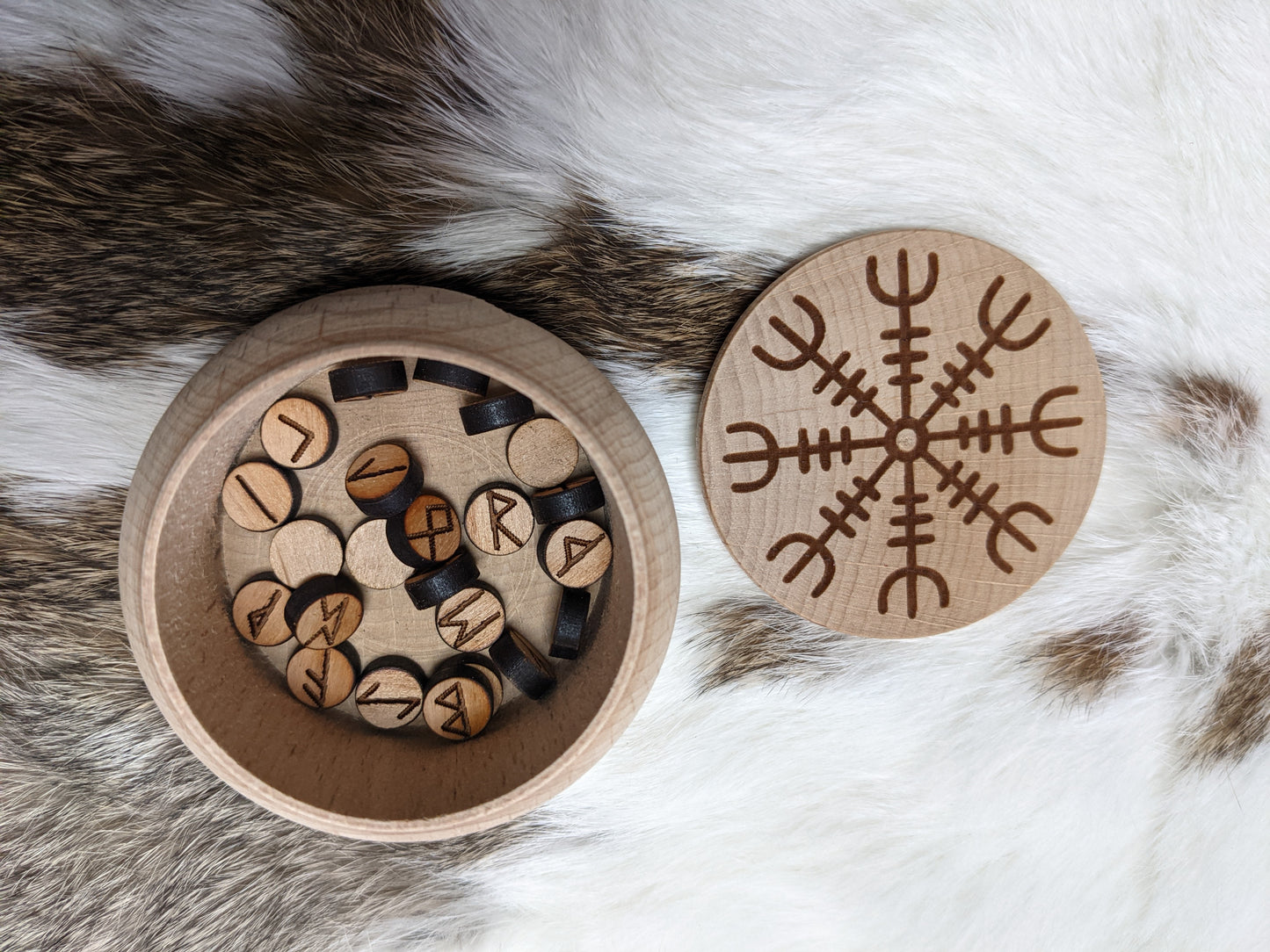 Hand Turned Alder Micro Mini Rune Set Elder Futhark Small Runes With Wood Box Helm of Awe