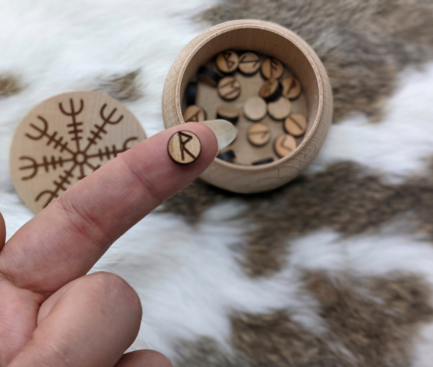 Hand Turned Alder Micro Mini Rune Set Elder Futhark Small Runes With Wood Box Helm of Awe