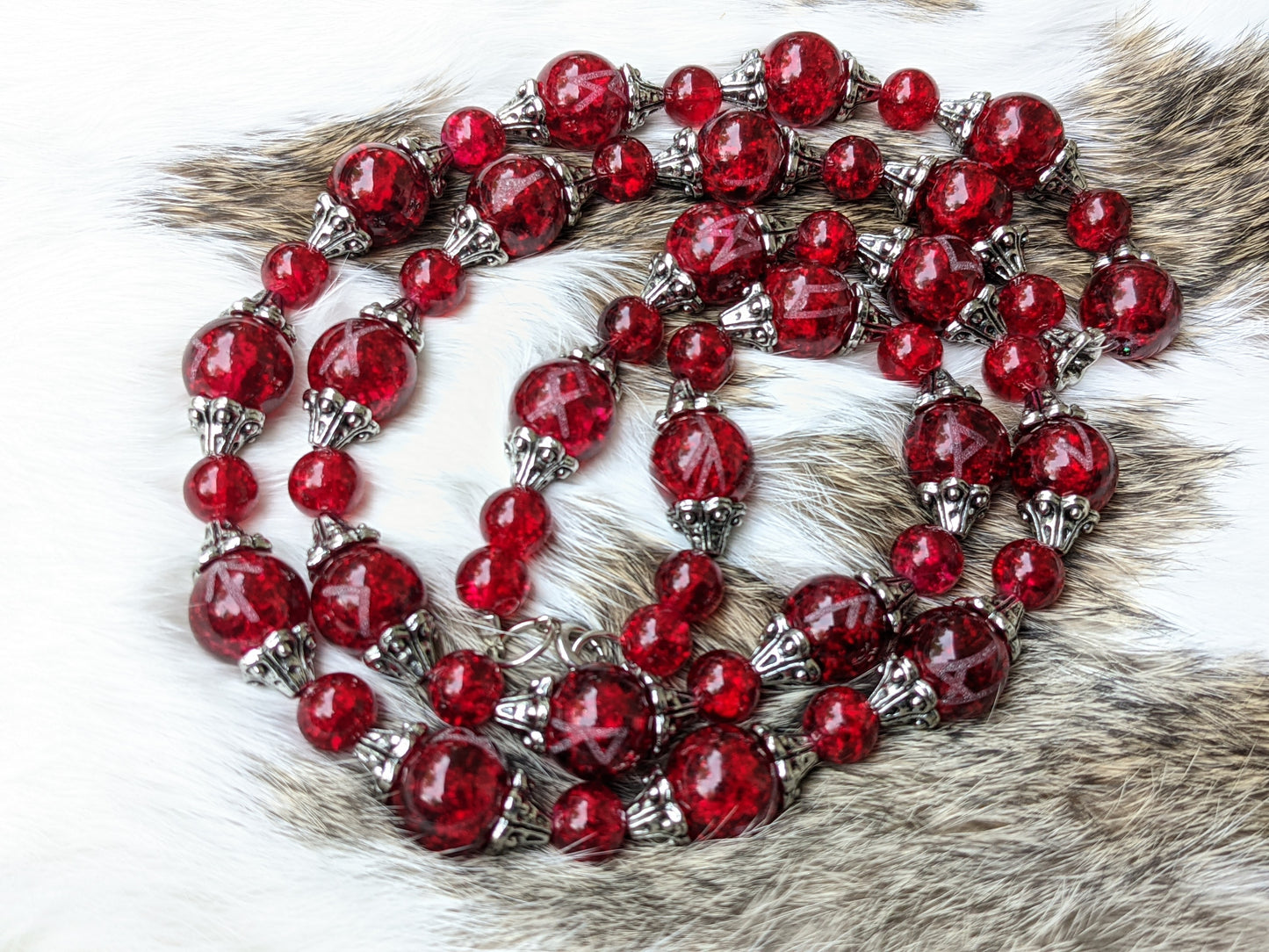 Red Glass Heathen Runic Meditation Beads | Necklace | Rune Bead Strand Shaman Asatru Volva Galdr Chain