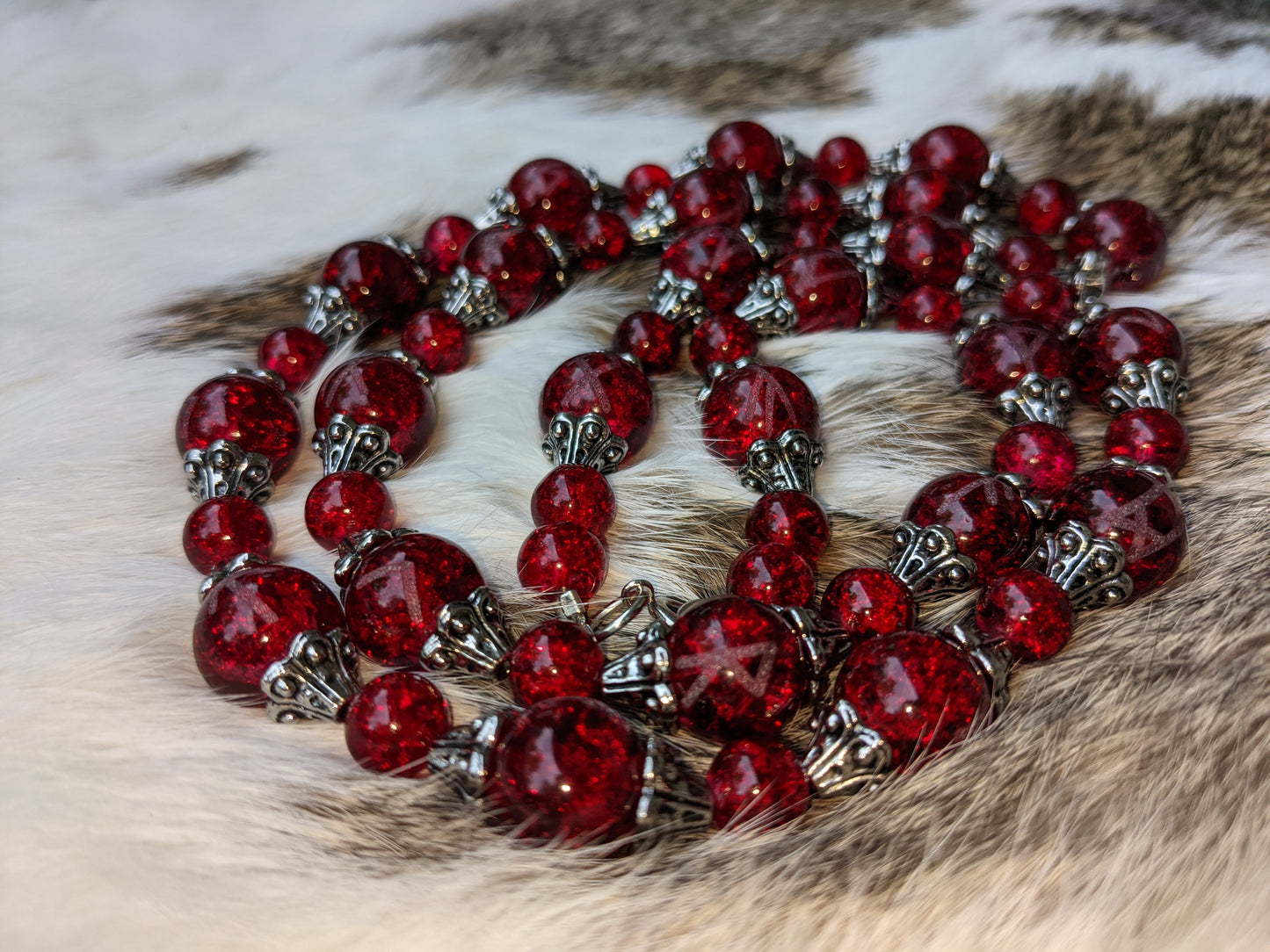 Red Glass Heathen Runic Meditation Beads | Necklace | Rune Bead Strand Shaman Asatru Volva Galdr Chain