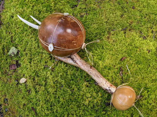Natural Shamanic Ritual Rattle Deer Antler Gourd Sinew Birch Branch