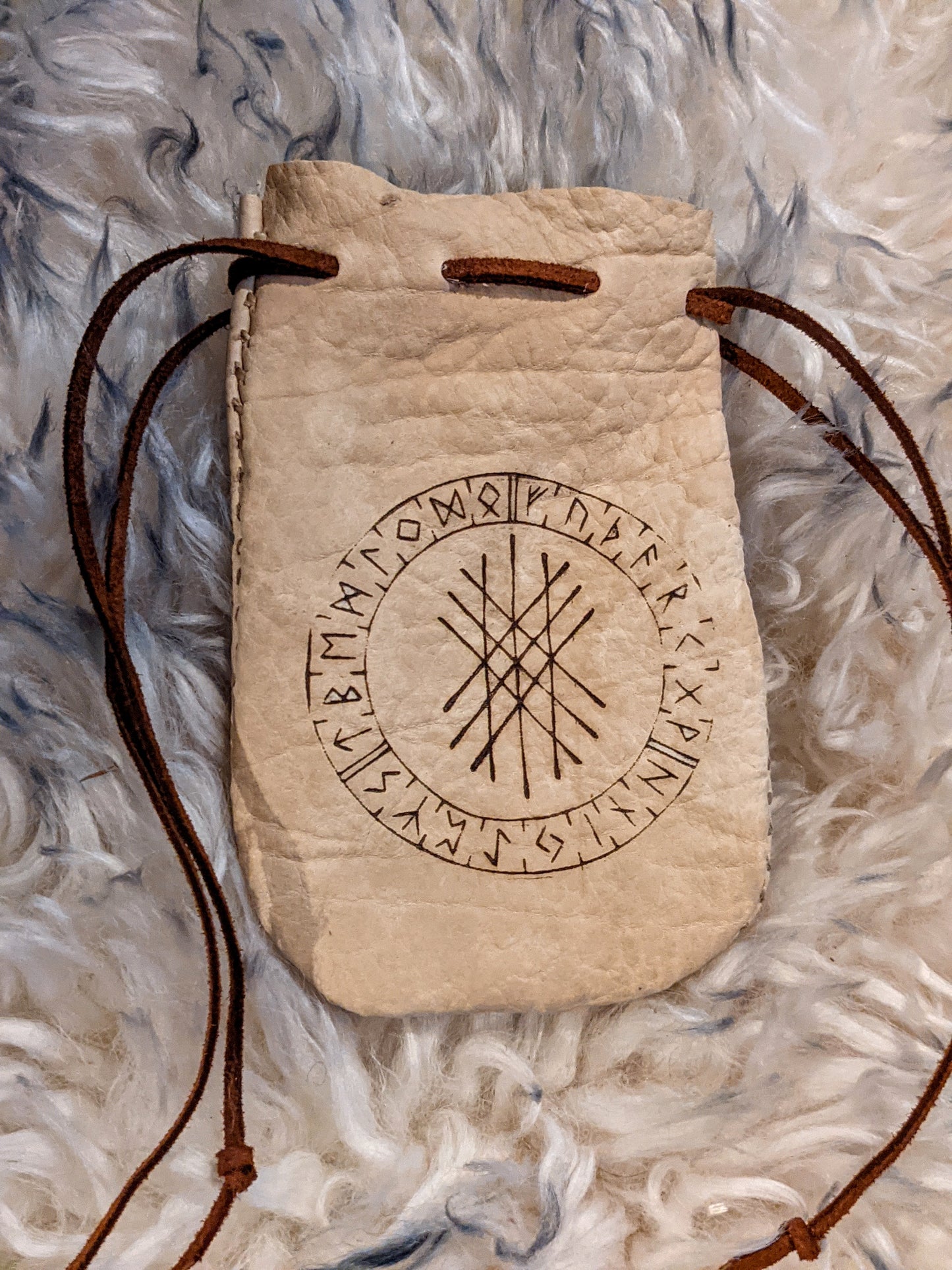 Unique Sinew Wrapped Birch Elder Futhark Rune Set with Web of Wyrd Bison Leather Bag