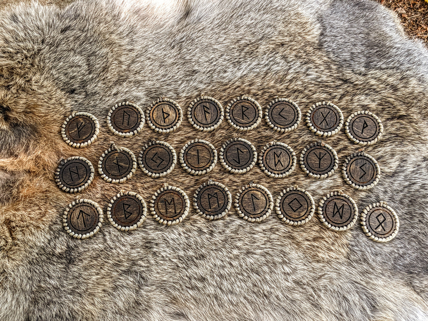 Unique Sinew Wrapped Birch Elder Futhark Rune Set with Web of Wyrd Bison Leather Bag