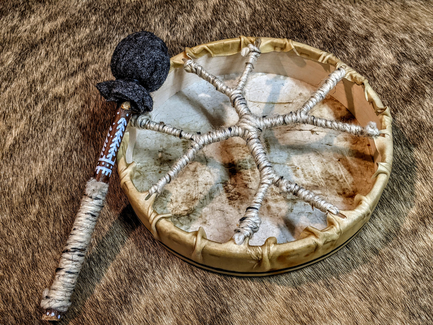 Deer Hide 10" Shaman Drum | Deer Hide Shaman Rattle | Wool Beater | Hand Painted | Norse Pagan Icelandic Magic Stave | Norse Shaman |