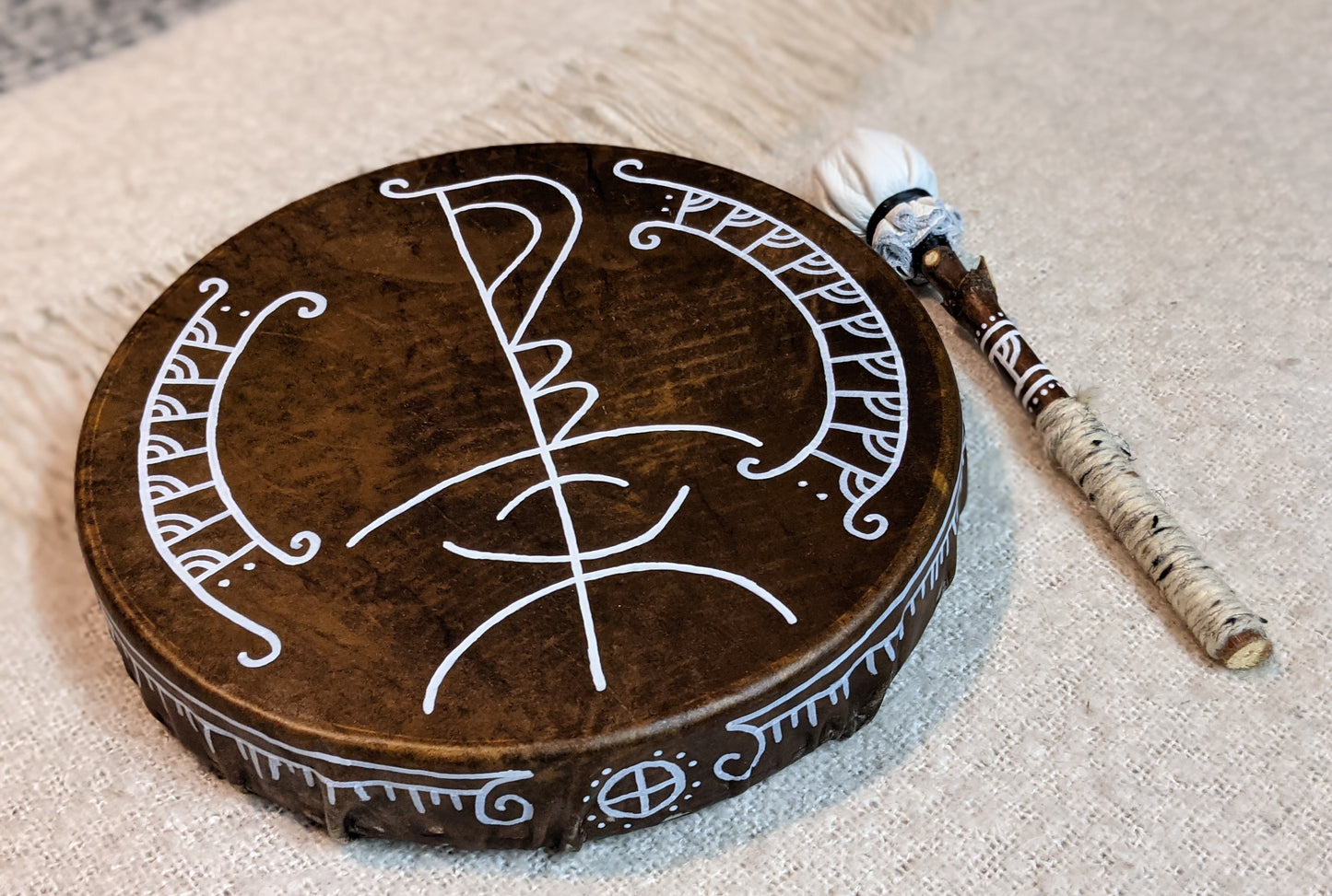 12" Horse Hide Drum with Beater | Icelandic Magic Stave | Hand Painted Shaman Drum | Handmade Drum | Norse Pagan Drum |