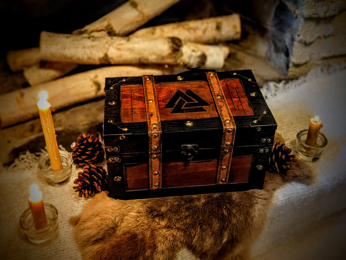 Leather Trimmed Wood Valknut & Younger Futhark Rune Trunk | Wood Box | Norse Pagan Box | Rune Box | Heathen | Viking