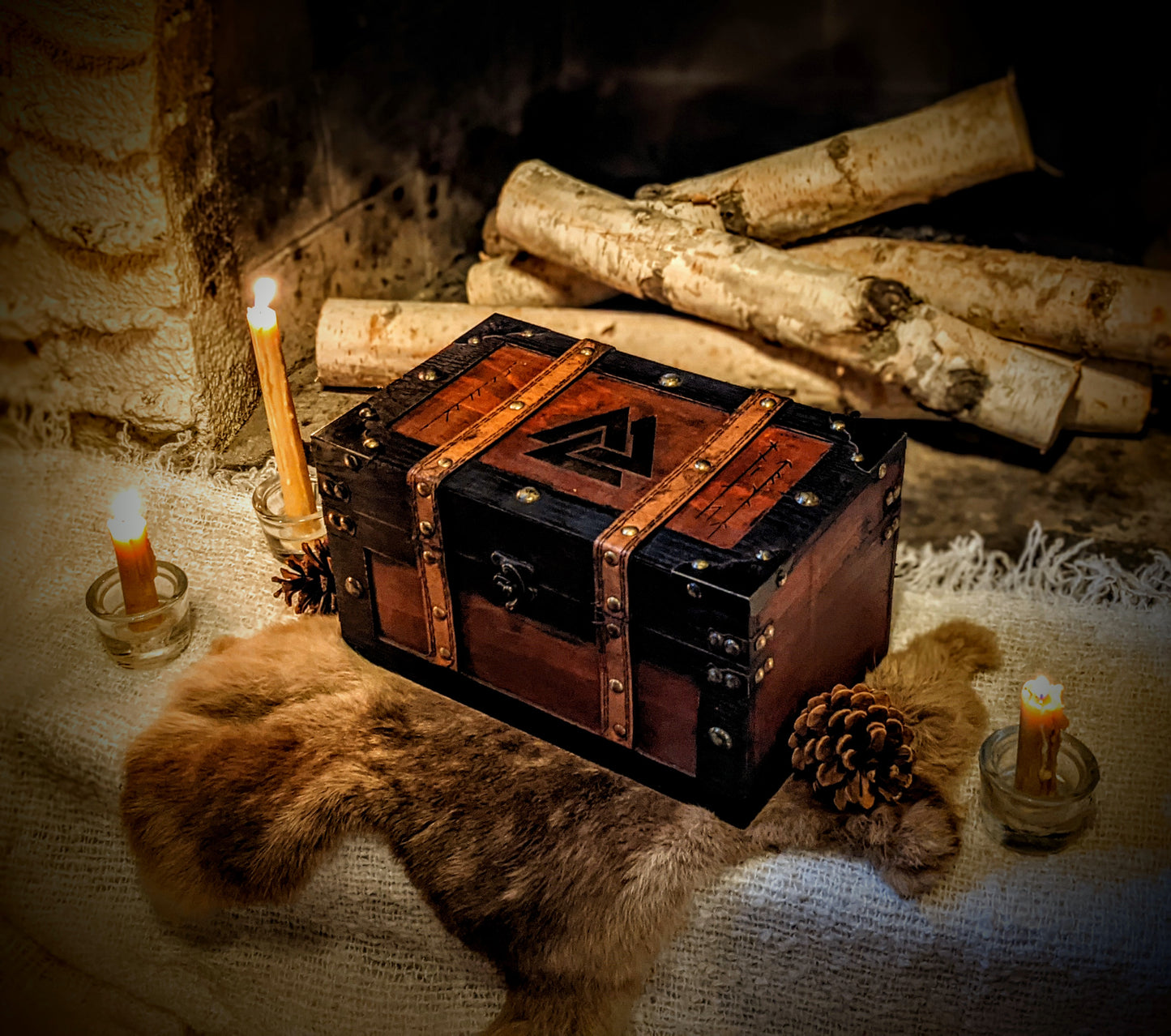 Leather Trimmed Wood Valknut & Younger Futhark Rune Trunk | Wood Box | Norse Pagan Box | Rune Box | Heathen | Viking