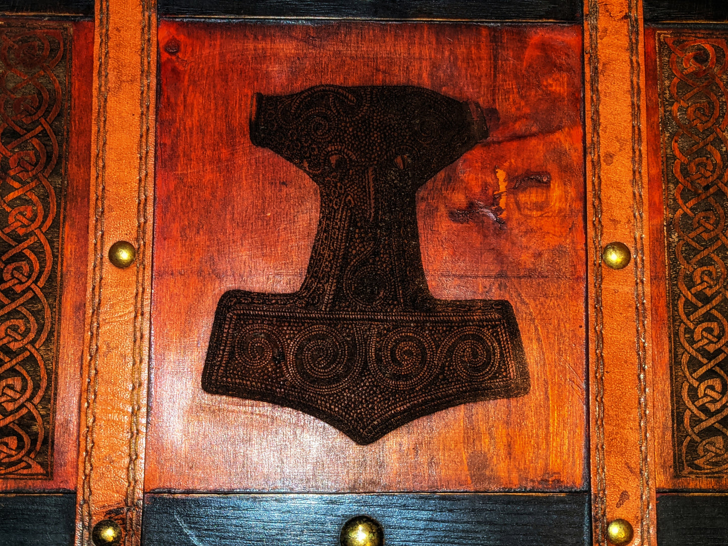 Leather Trimmed Wood Skåne Mjolnir & Knotwork Trunk | Wood Box | Norse Pagan Box | Rune Box | Heathen | Viking