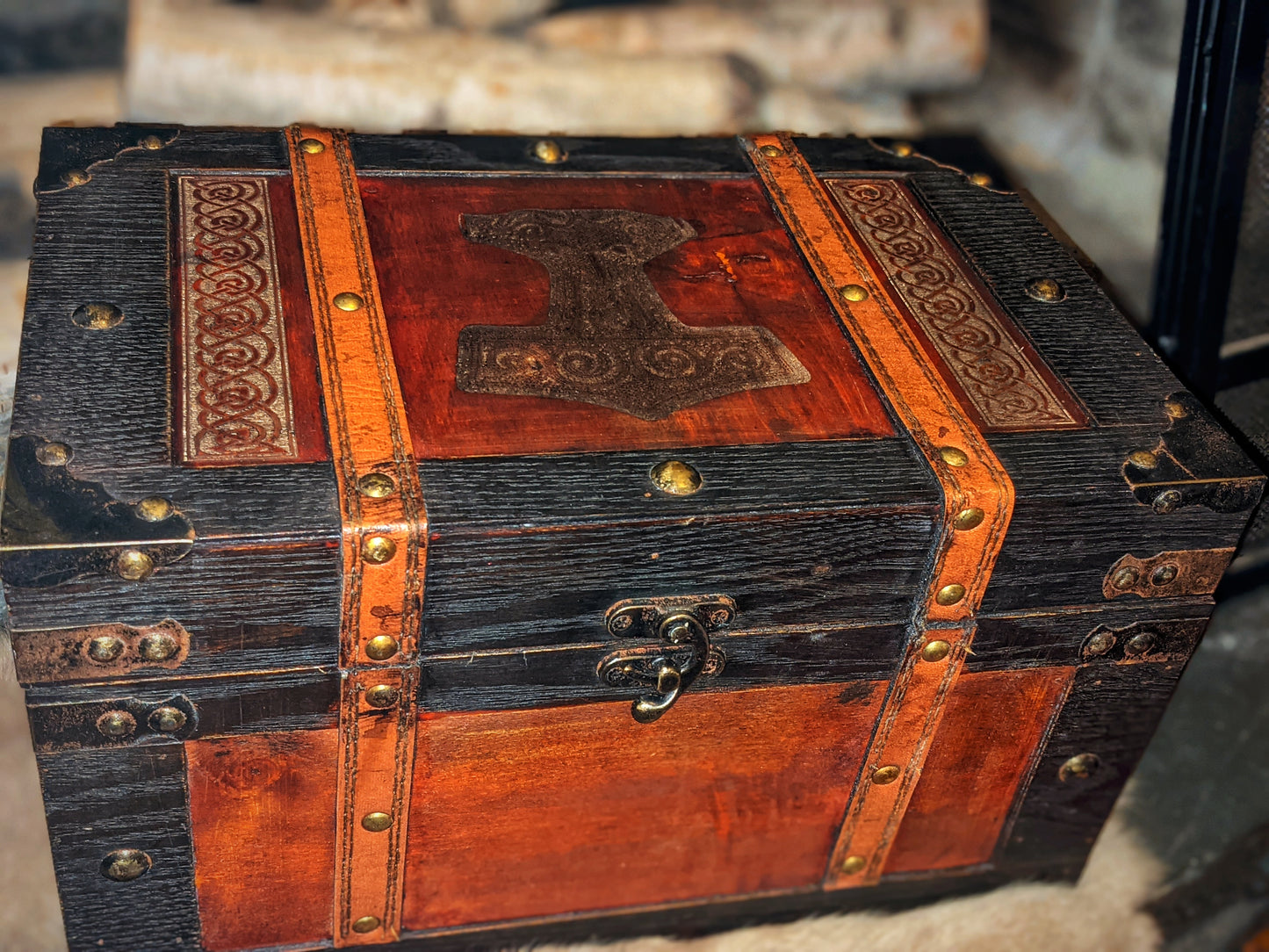 Leather Trimmed Wood Skåne Mjolnir & Knotwork Trunk | Wood Box | Norse Pagan Box | Rune Box | Heathen | Viking