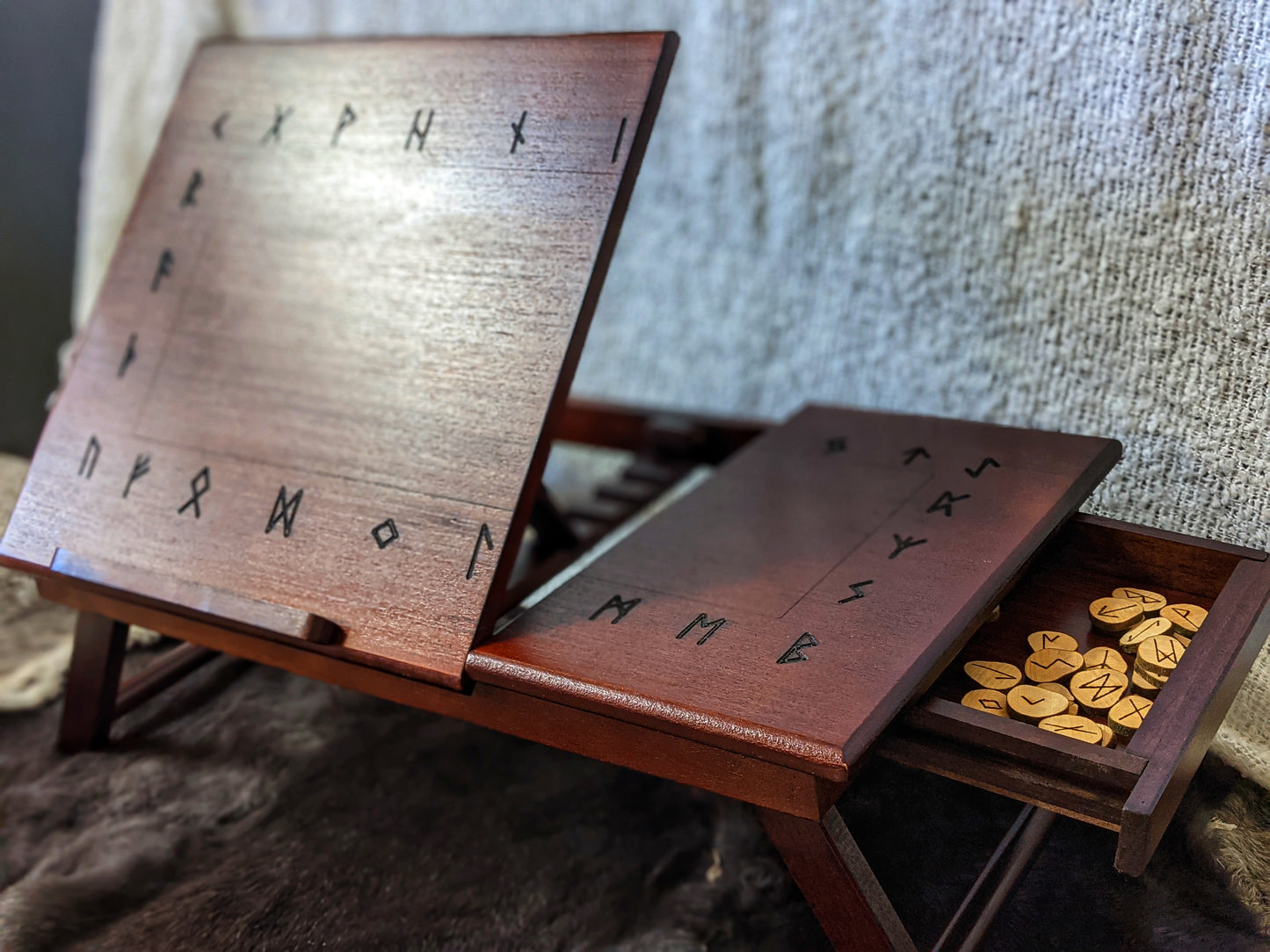 Solid Wood Folding Altar | Book Stand + Rune Drawer | Asatru Altar | Rune Altar | Norse Pagan | Heathen Altar | Portable Altar | Witch Altar