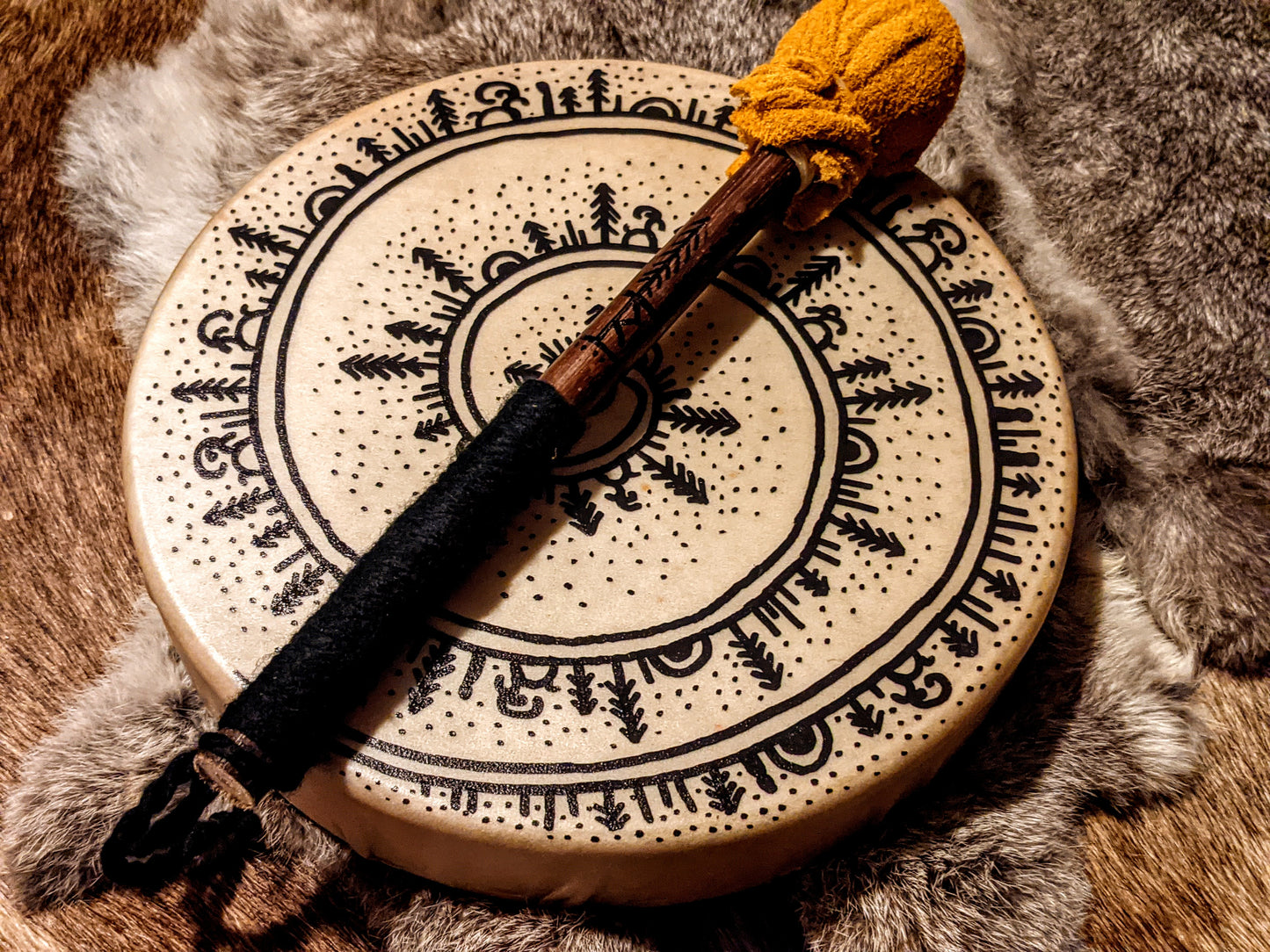 10" Hand Painted Deer Hide Drum With Beater | Shamanic Journey | Norse Pagan | Shaman Drum