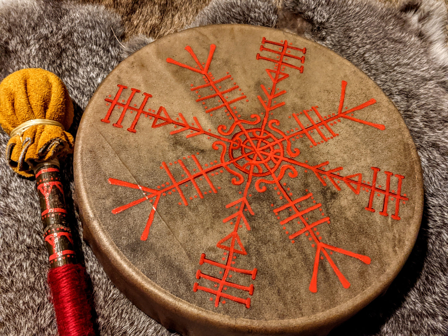 Elk Hide "Orkastafir" 10" Hand Painted Shaman Drum | Original Galdrastafir | Strength Power Protection