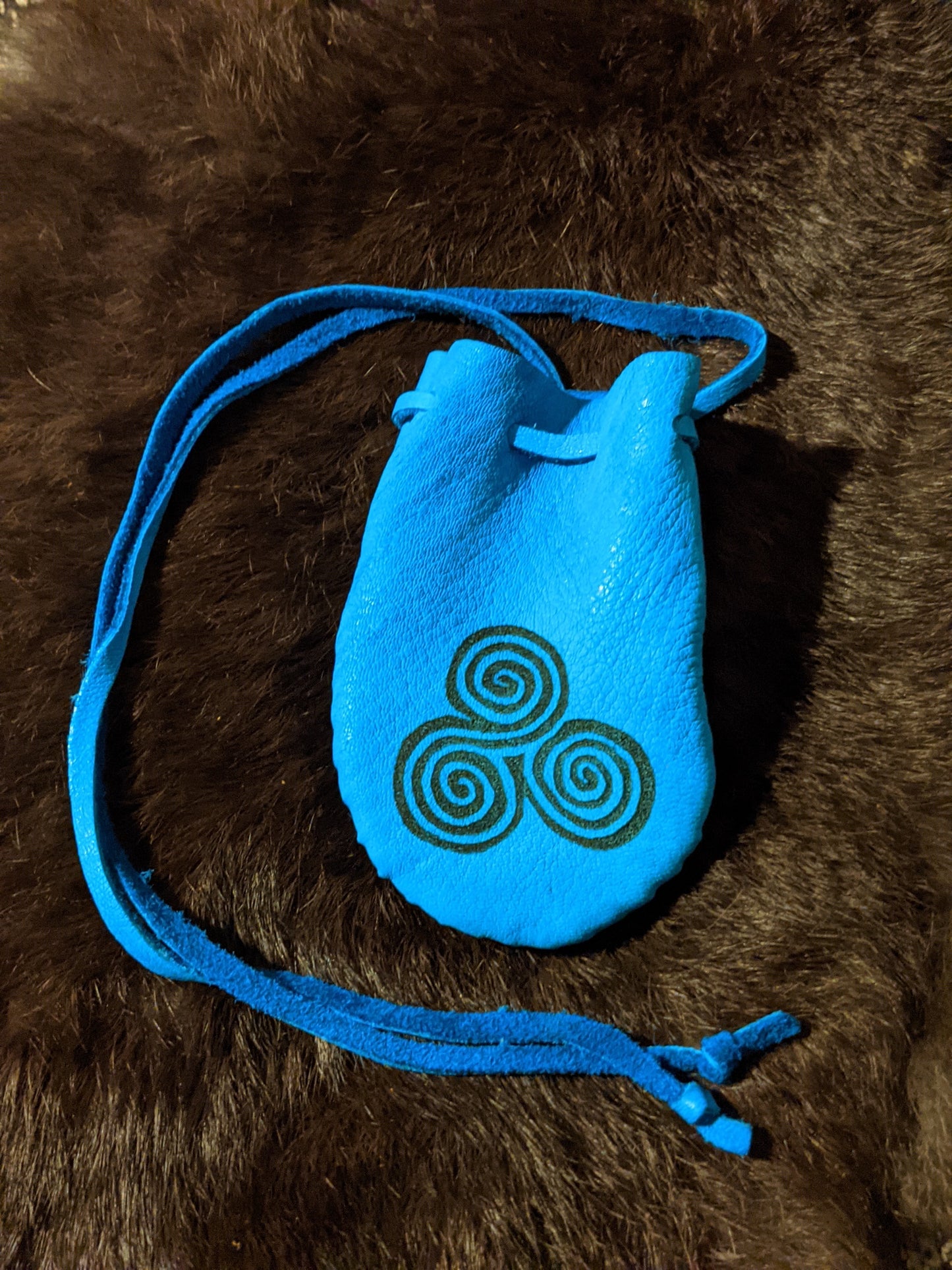 Blue Triskelion Buckskin Leather 2x3.5 Medicine Bag Neck Pouch Rune Norse Pagan