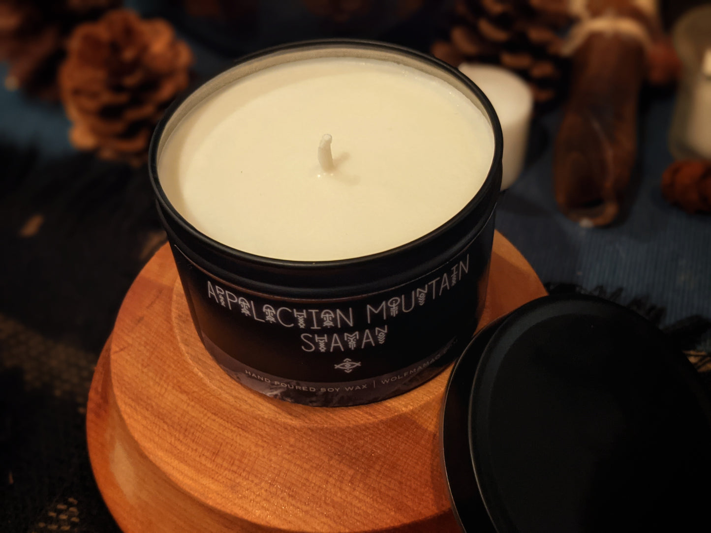 8oz Black Tin Appalachian Mountain Shaman Candle | Leaves | Birch | Mountain Air