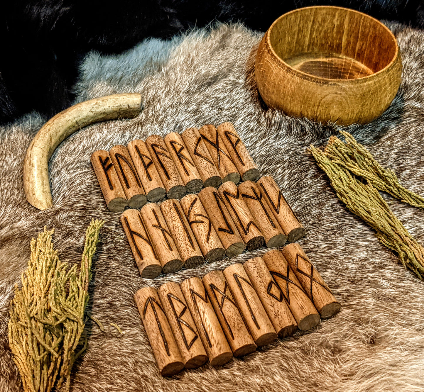 Walnut Rune Sticks in Hand Turned Alder Box Elder Futhark Runes