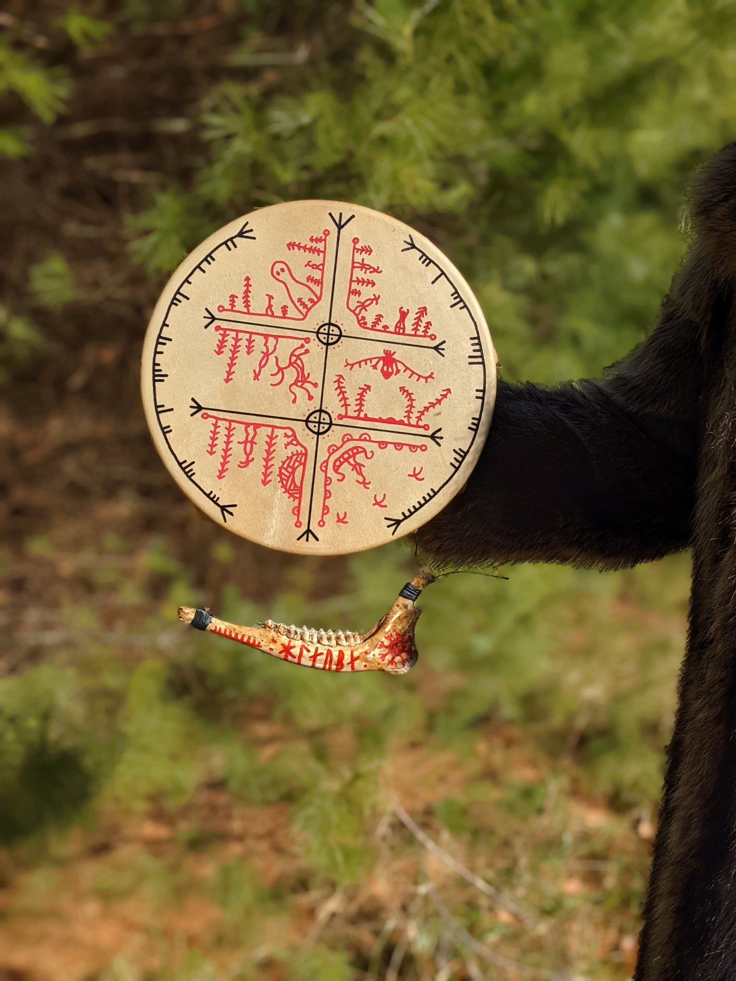 "Crossing Over" 12 Inch Deer Hide Shaman Drum | Nordic Hand Painted Drum | Deer Jaw | Deer Bone Beater | Stave Art