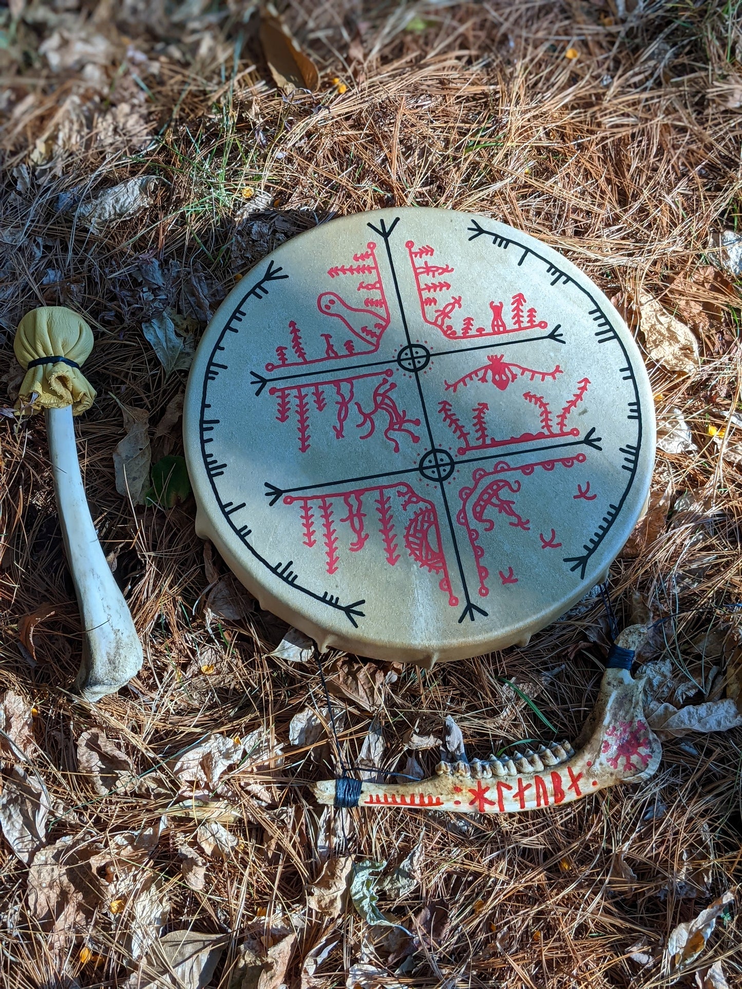 "Crossing Over" 12 Inch Deer Hide Shaman Drum | Nordic Hand Painted Drum | Deer Jaw | Deer Bone Beater | Stave Art