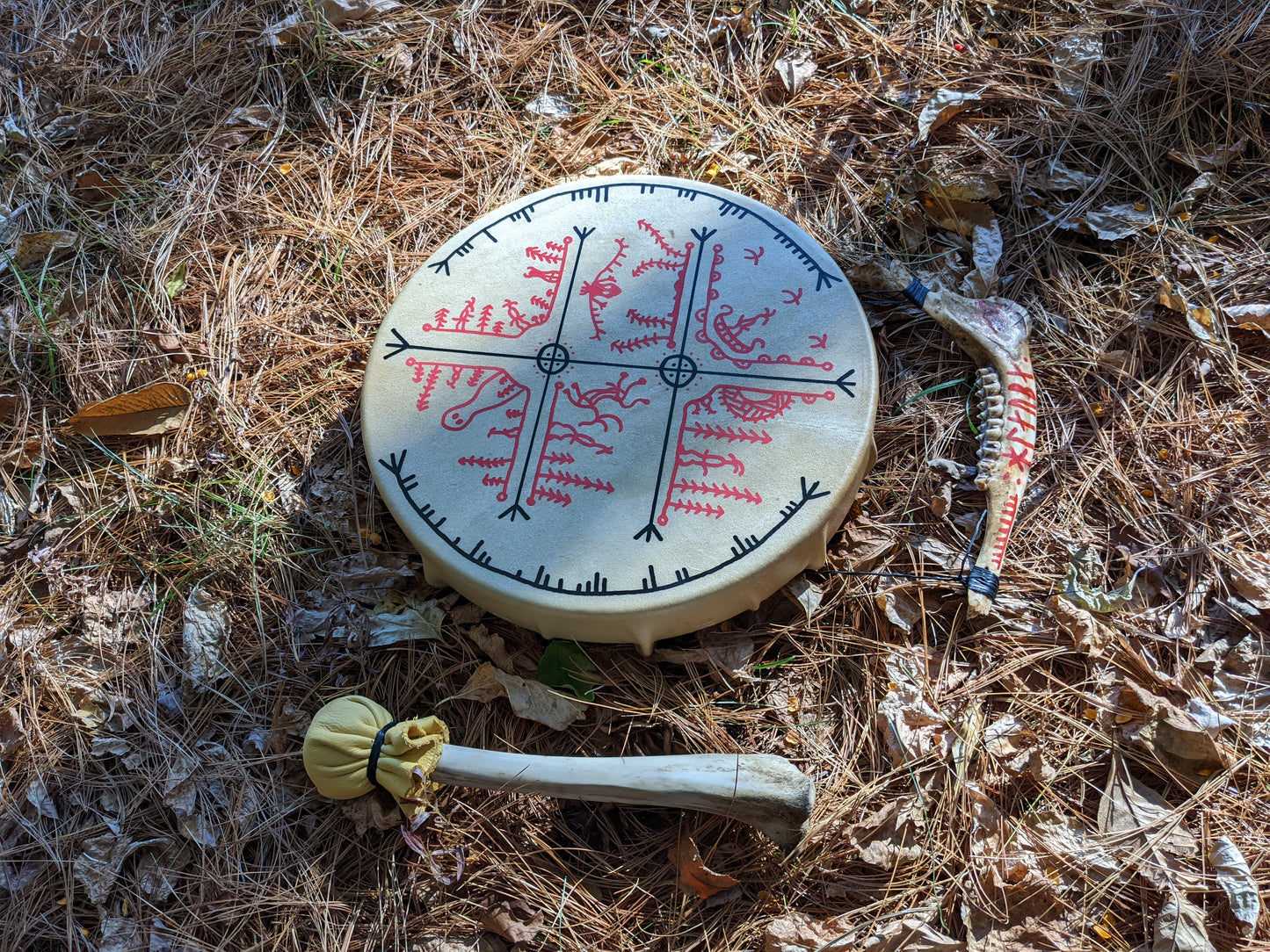 "Crossing Over" 12 Inch Deer Hide Shaman Drum | Nordic Hand Painted Drum | Deer Jaw | Deer Bone Beater | Stave Art