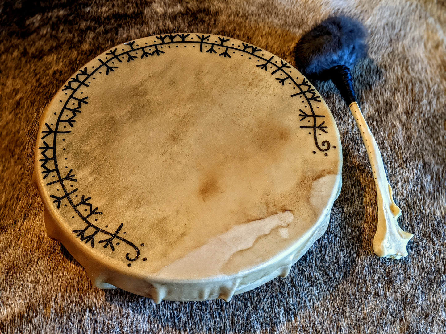 12 Inch Elk Hide Drum | Wolf Bone Beater | "Svartrálfrsongr" Black Elk Song | Trolldom Algiz/Elhaz Protection Elevation of Spirit