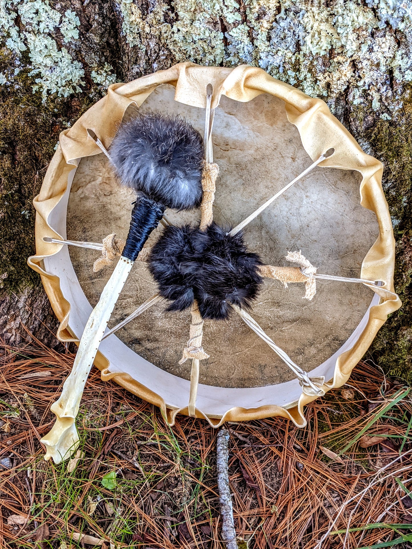 12 Inch Elk Hide Drum | Wolf Bone Beater | "Svartrálfrsongr" Black Elk Song | Trolldom Algiz/Elhaz Protection Elevation of Spirit