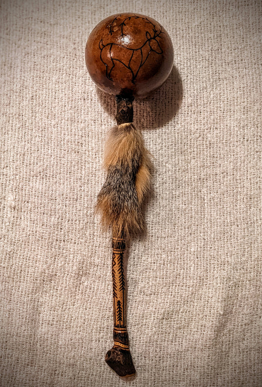 Elk Gourd Rattle | Hand Burned Art | Fox Fur | Holly Branch Handle