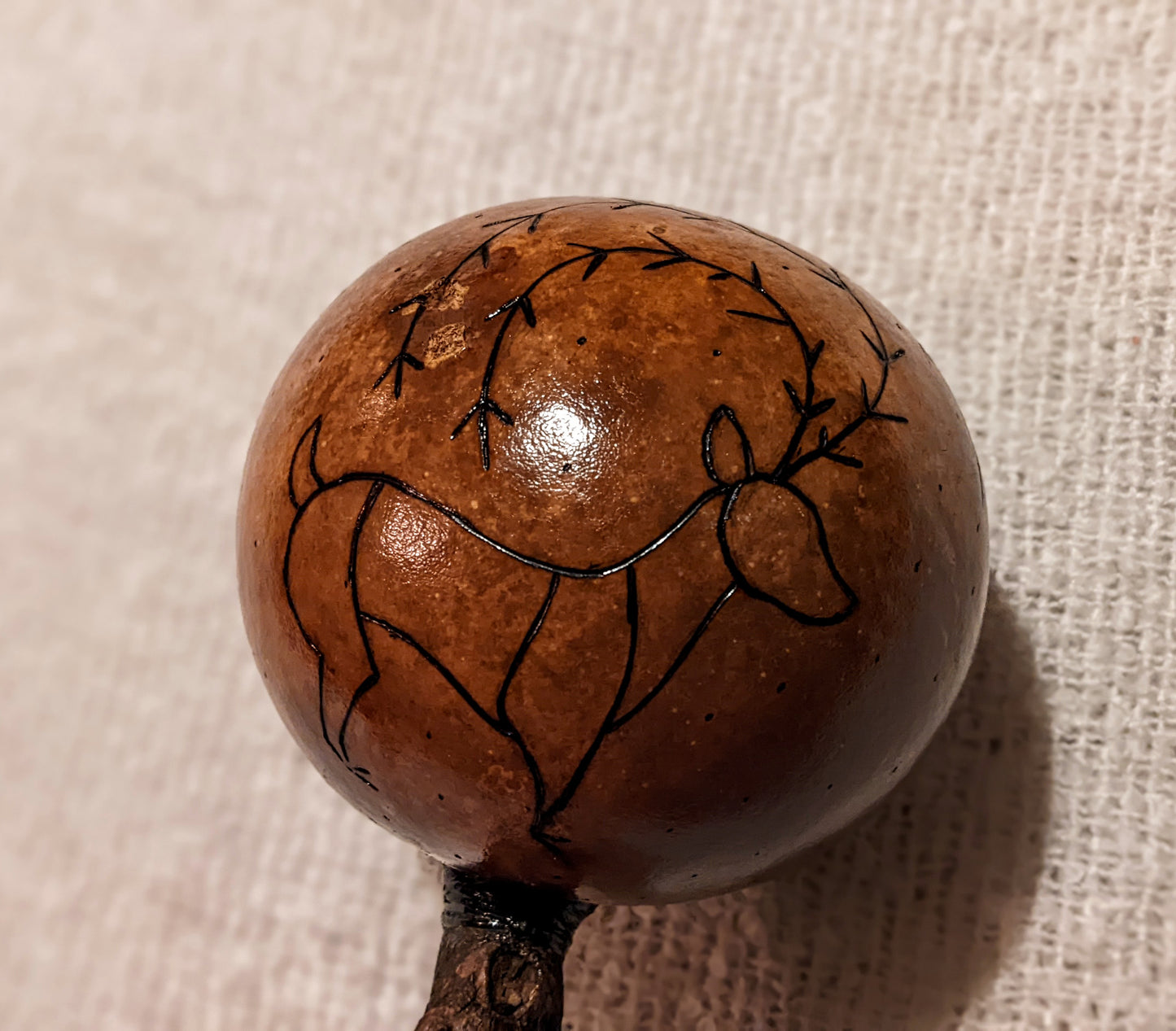 Elk Gourd Rattle | Hand Burned Art | Fox Fur | Holly Branch Handle