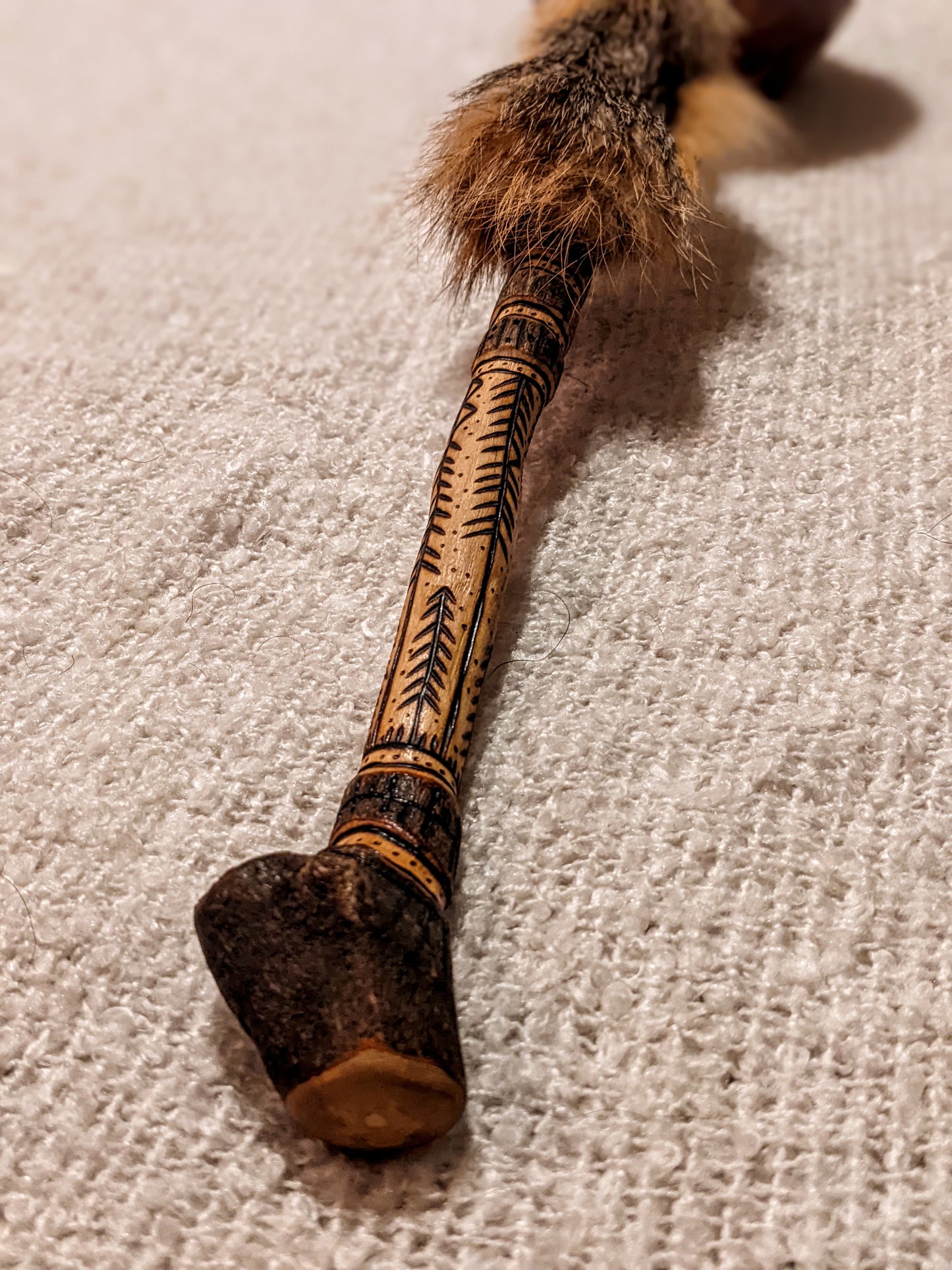 Elk Gourd Rattle | Hand Burned Art | Fox Fur | Holly Branch Handle