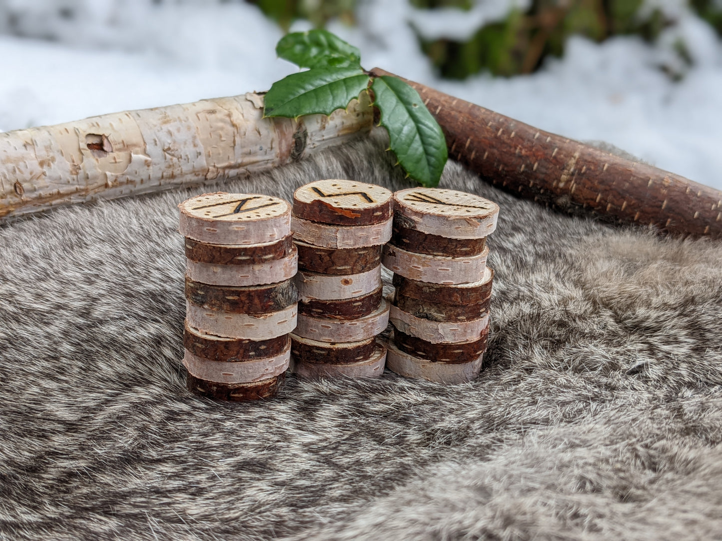 Natural Birch Rune Set | 24 Elder Futhark Runes with Bag | Dark and Light Bark | Dot Design