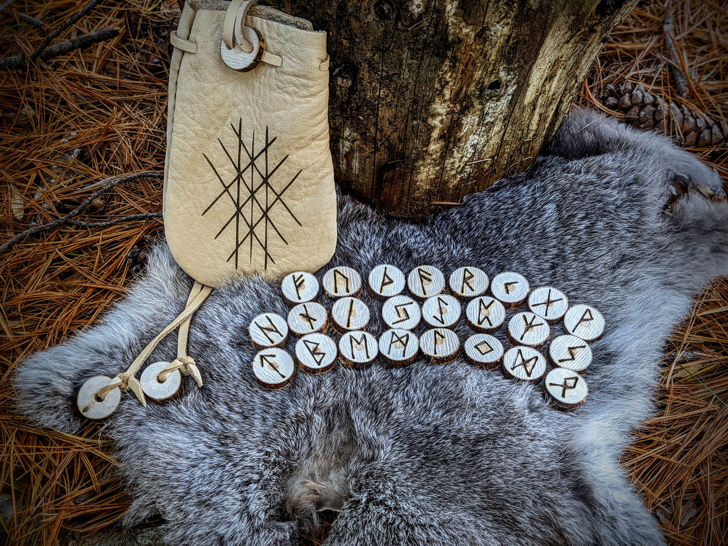 Bark On Alder Wood Rune Set With Web of Wyrd Handmade Bison Leather Bag