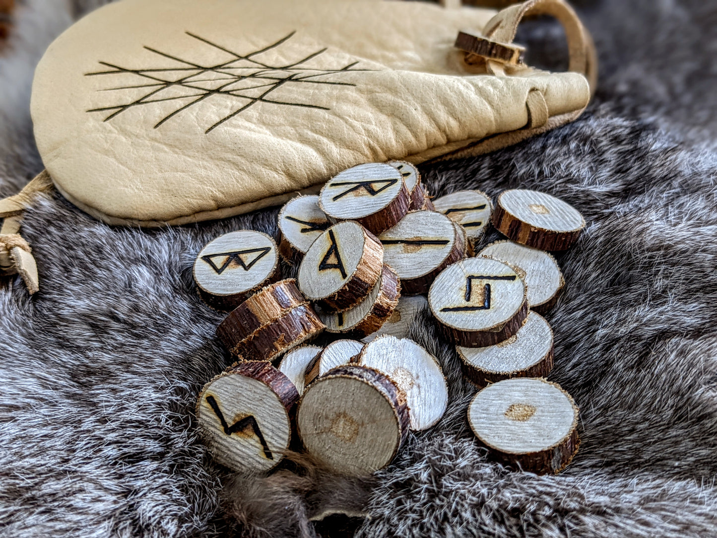 Bark On Alder Wood Rune Set With Web of Wyrd Handmade Bison Leather Bag