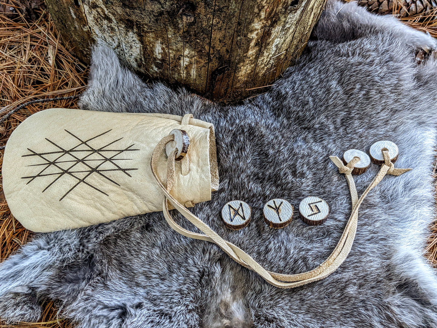 Bark On Alder Wood Rune Set With Web of Wyrd Handmade Bison Leather Bag