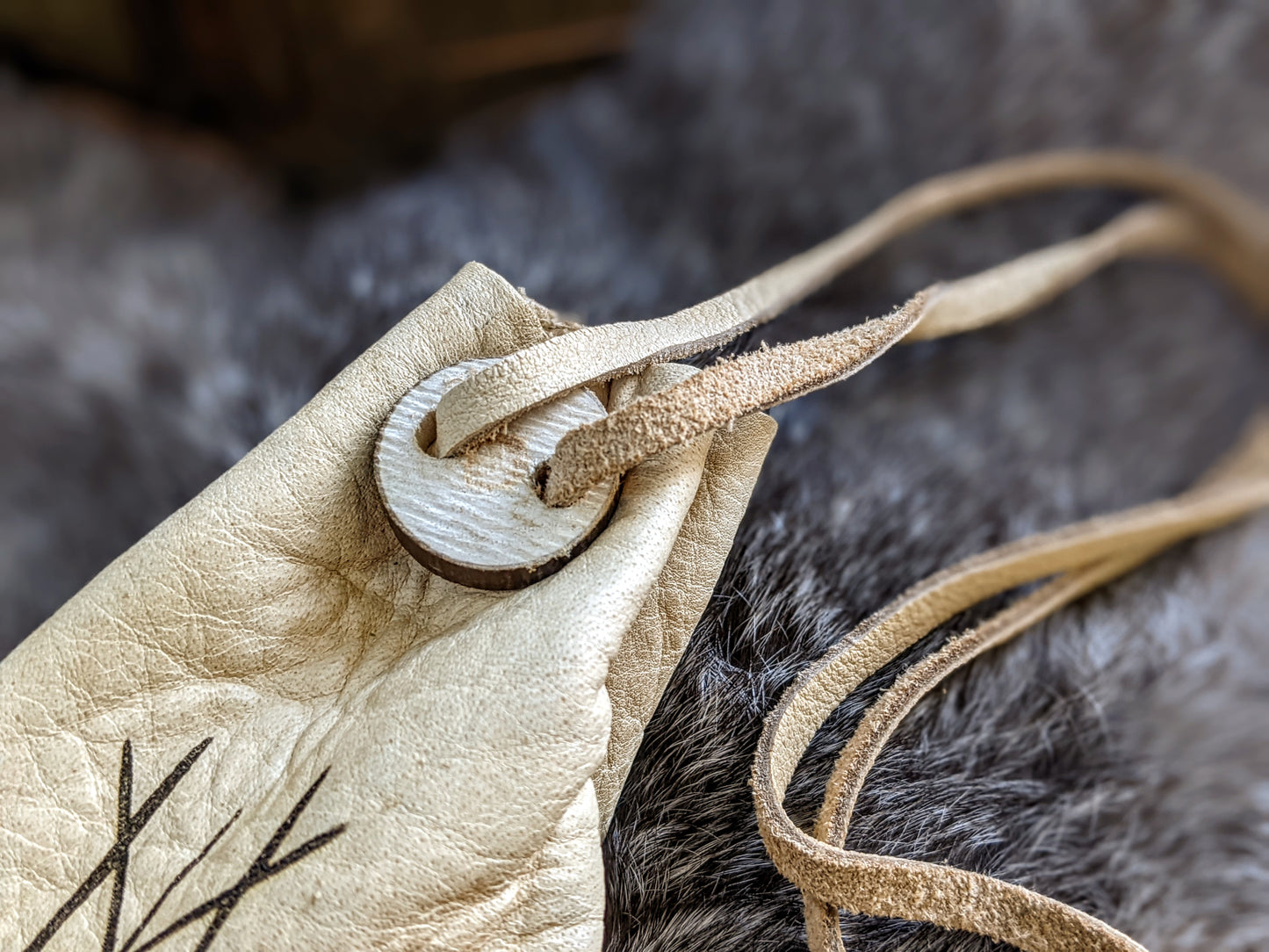 Bark On Alder Wood Rune Set With Web of Wyrd Handmade Bison Leather Bag