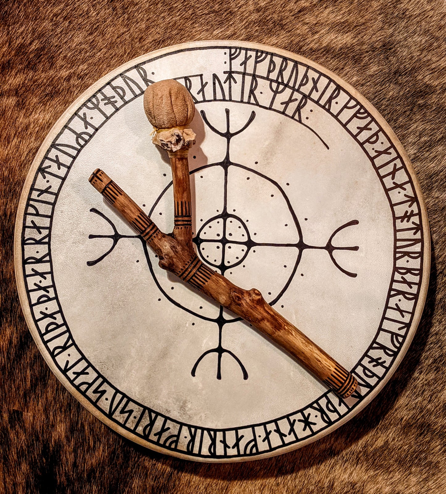Ragnarök Sun 16" Goat Hide Shaman Drum | Hand Painted Rune Art | Norse Pagan Drum | Nordic Drum