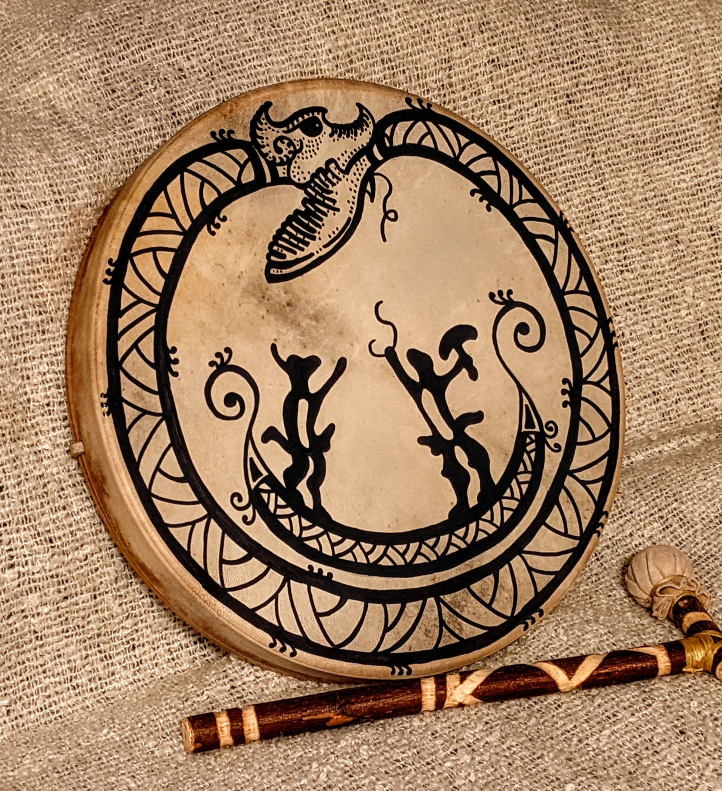 Thor Hymir Fishing For Jormungandr 16" Goat Hide Shaman Drum | Hand Painted Primitive Nordic Art | Norse Pagan Drum | Nordic Drum