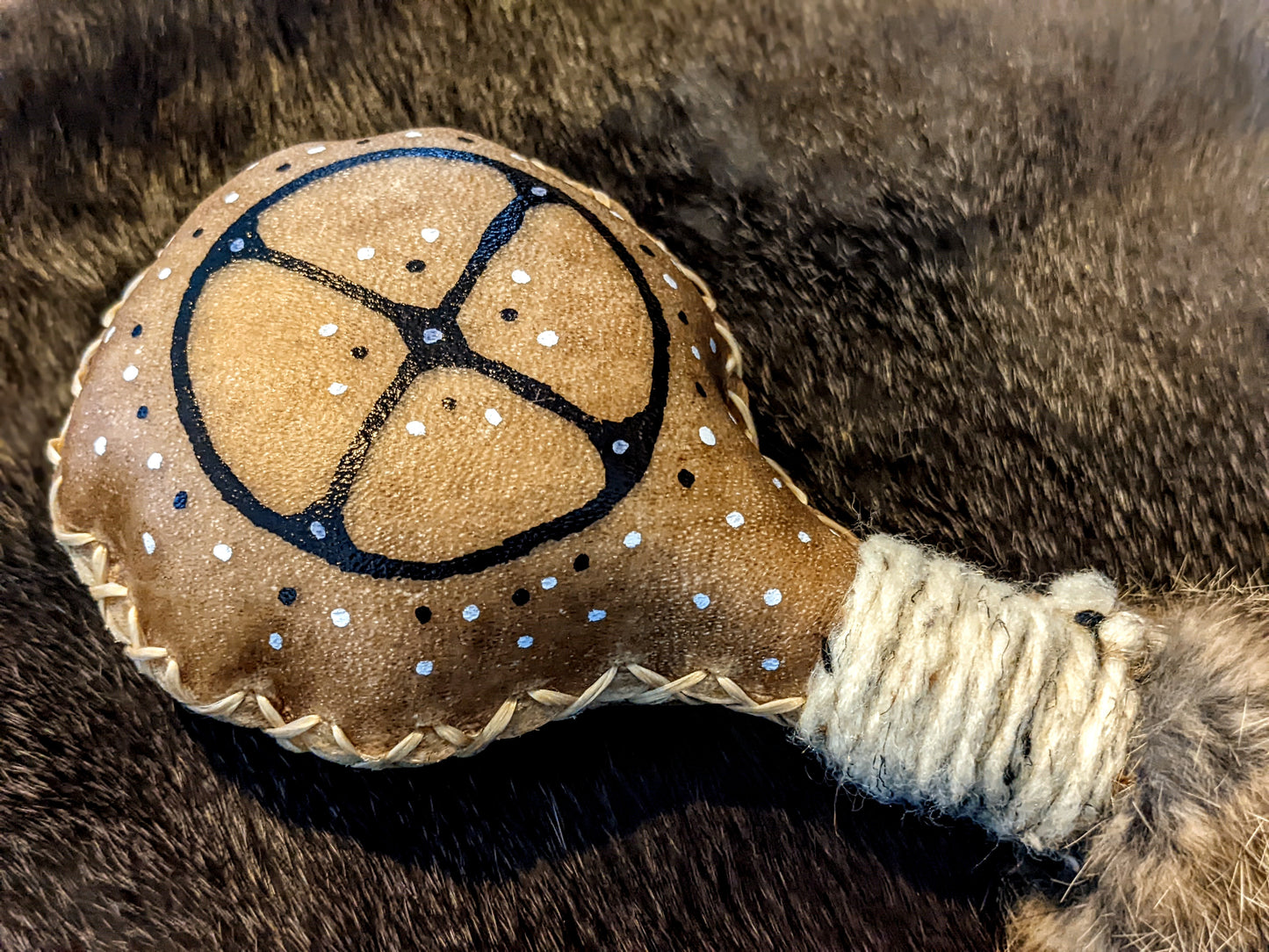 Winter Sol Sunwheel Elk Hide Norse Shaman Rattle Alder Handle Leather Hand Sewn