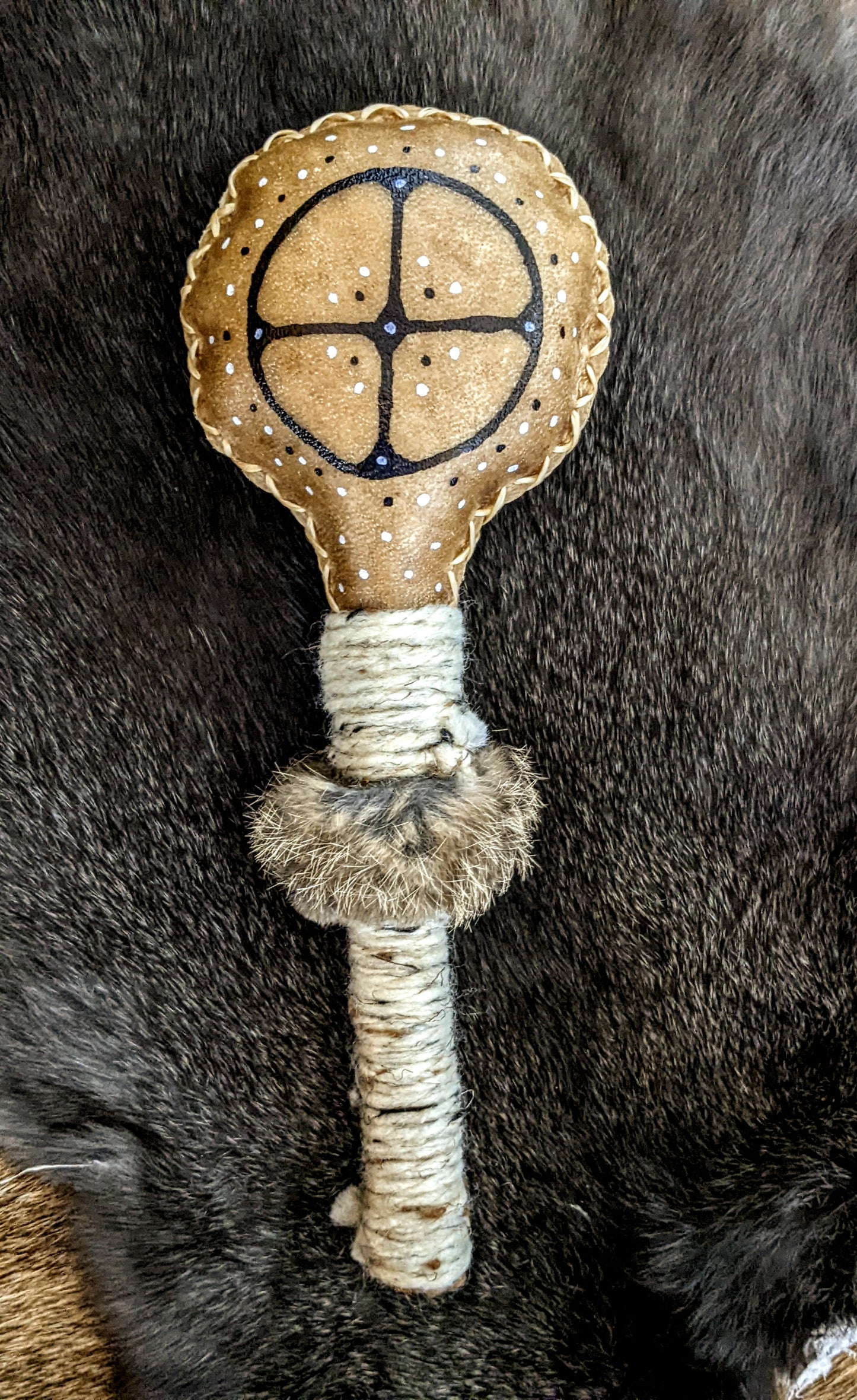 Winter Sol Sunwheel Elk Hide Norse Shaman Rattle Alder Handle Leather Hand Sewn