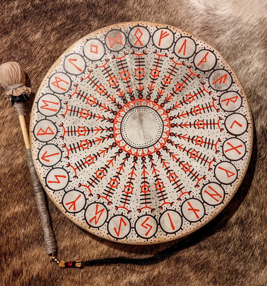 Futhark 16" Goat Hide Shaman Drum | Hand Painted Rune Art | Norse Pagan Drum | Nordic Drum