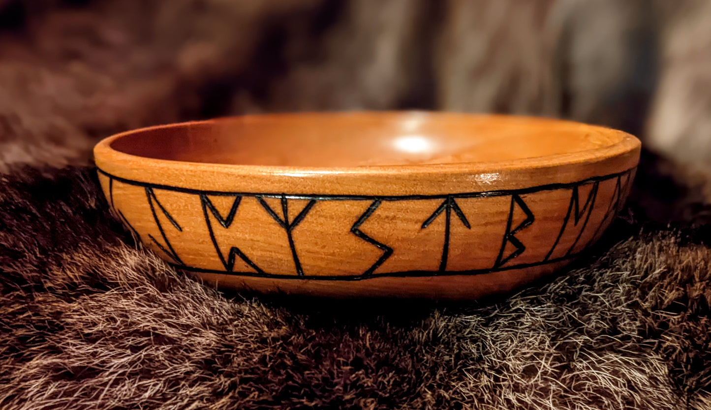 Hand Turned Solid Cherry Wood Elder Futhark Rune Blot & Offering Bowl Altar Dish | Plate | Asatru Heathen Norse Pagan