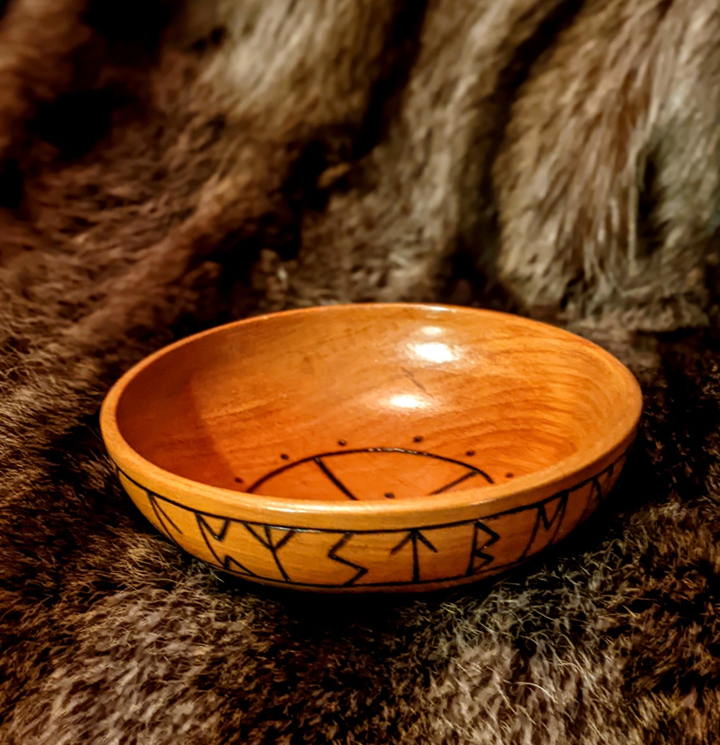 Hand Turned Solid Cherry Wood Elder Futhark Rune Blot & Offering Bowl Altar Dish | Plate | Asatru Heathen Norse Pagan