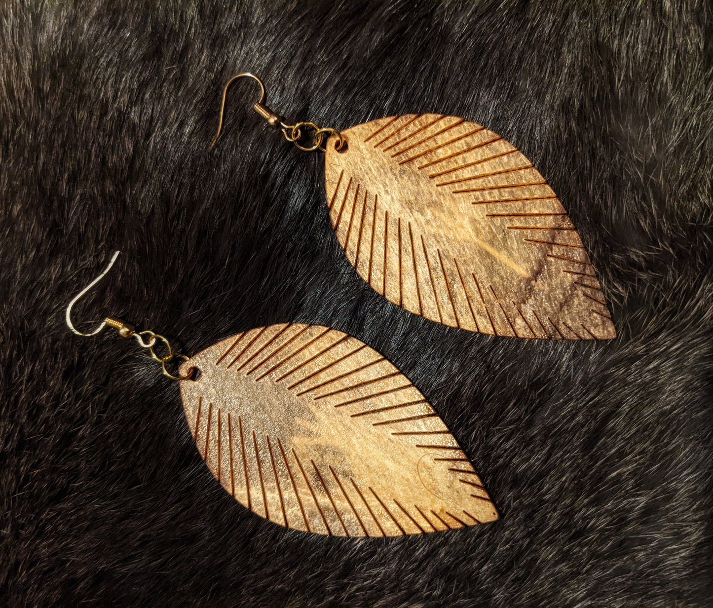 Bear Hide Feather Earrings | Algiz Leather Earrings