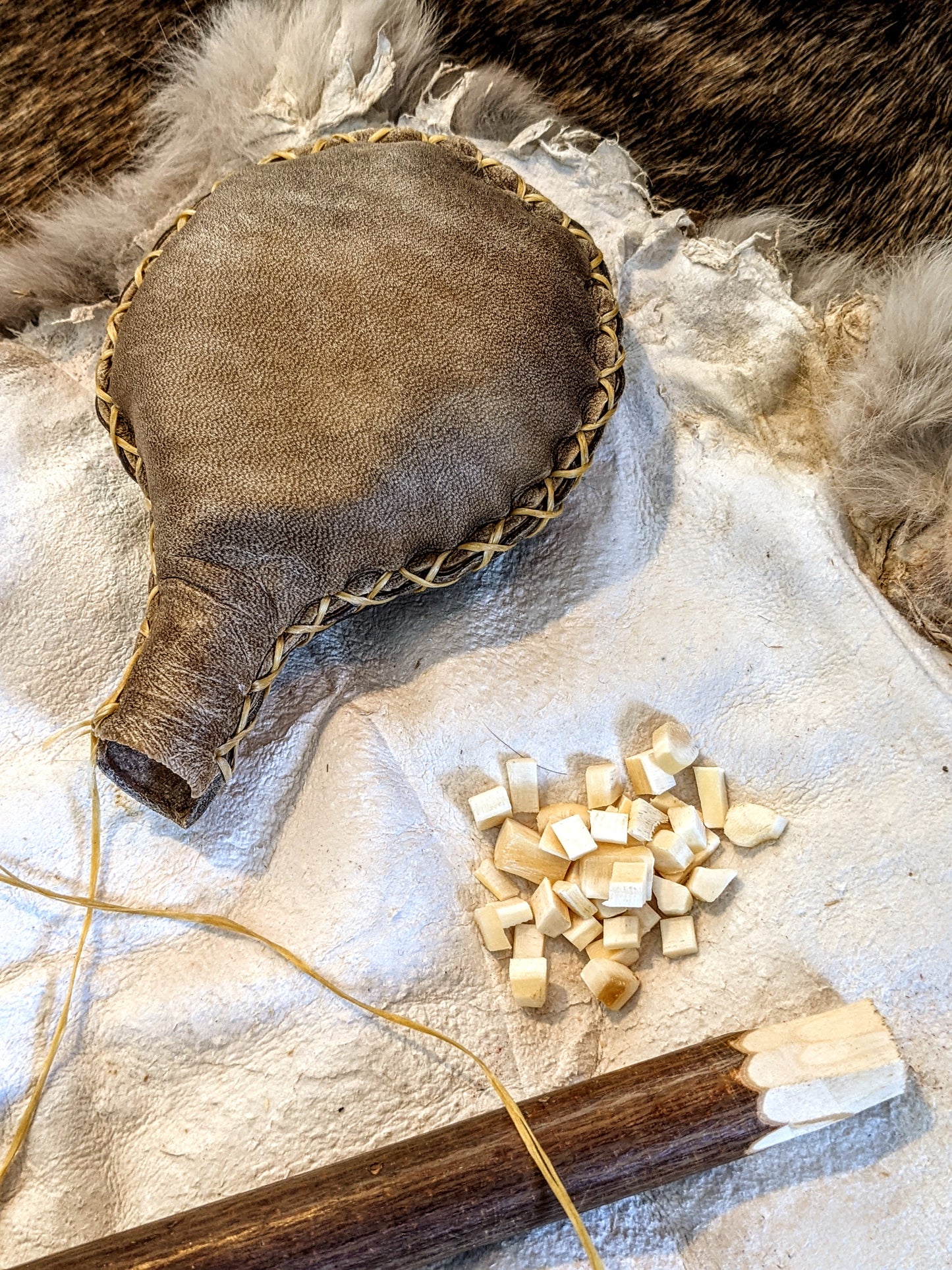 Varnarstafur Valdemars Stave | Happiness & Favor | Elk Hide + Bone | Norse Shaman Rattle Alder Handle Leather Hand Sewn
