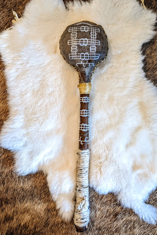 Varnarstafur Valdemars Stave | Happiness & Favor | Elk Hide + Bone | Norse Shaman Rattle Alder Handle Leather Hand Sewn