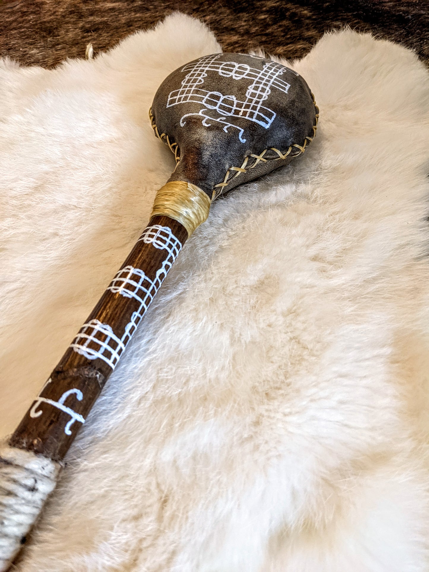Varnarstafur Valdemars Stave | Happiness & Favor | Elk Hide + Bone | Norse Shaman Rattle Alder Handle Leather Hand Sewn