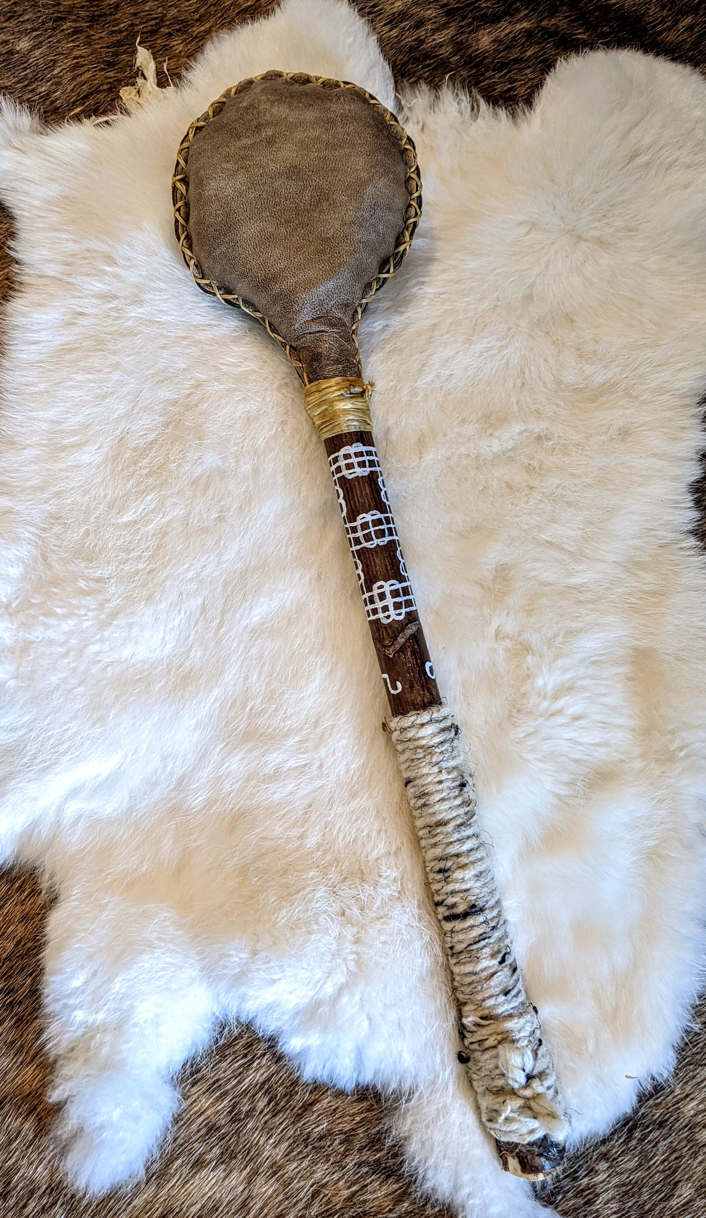 Varnarstafur Valdemars Stave | Happiness & Favor | Elk Hide + Bone | Norse Shaman Rattle Alder Handle Leather Hand Sewn
