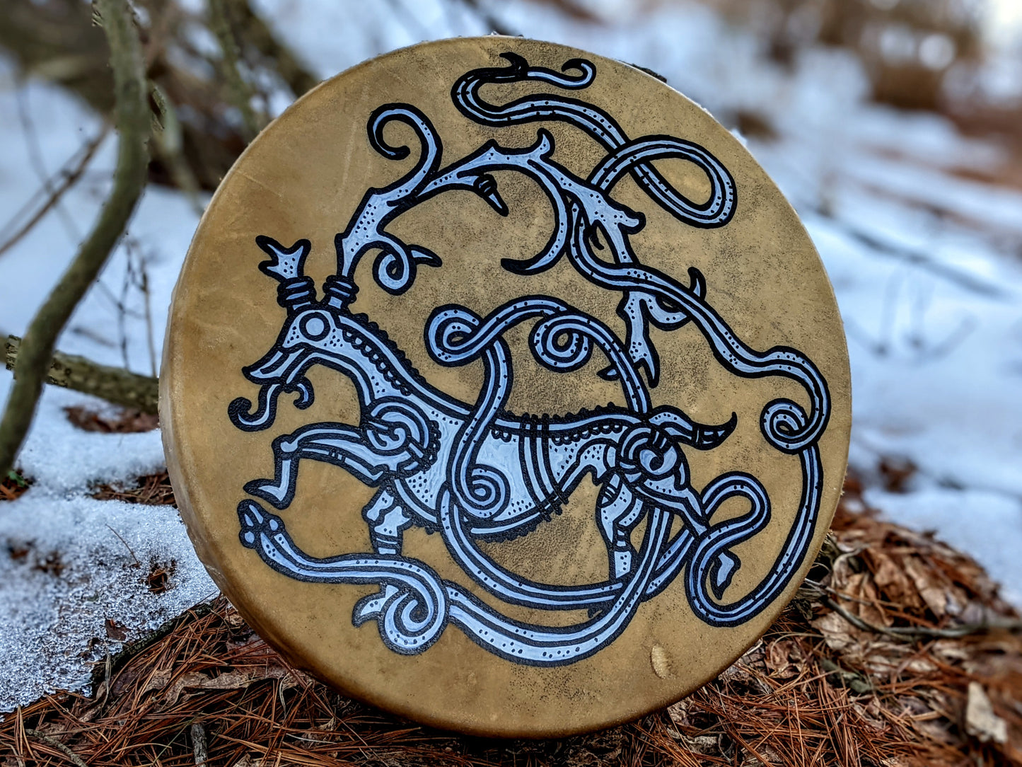 15 Inch Elk Hide Drum + Beater | Hand Painted Norse Elk Art | Rabbit Fur Head