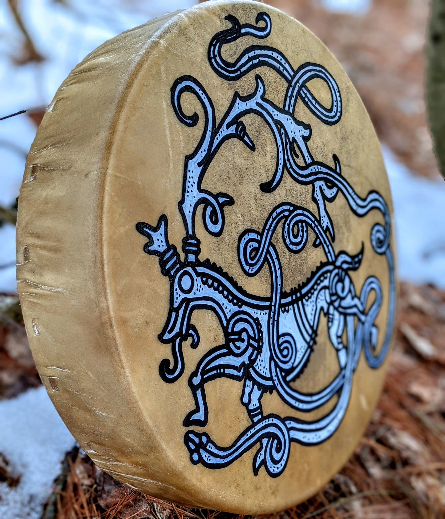15 Inch Elk Hide Drum + Beater | Hand Painted Norse Elk Art | Rabbit Fur Head