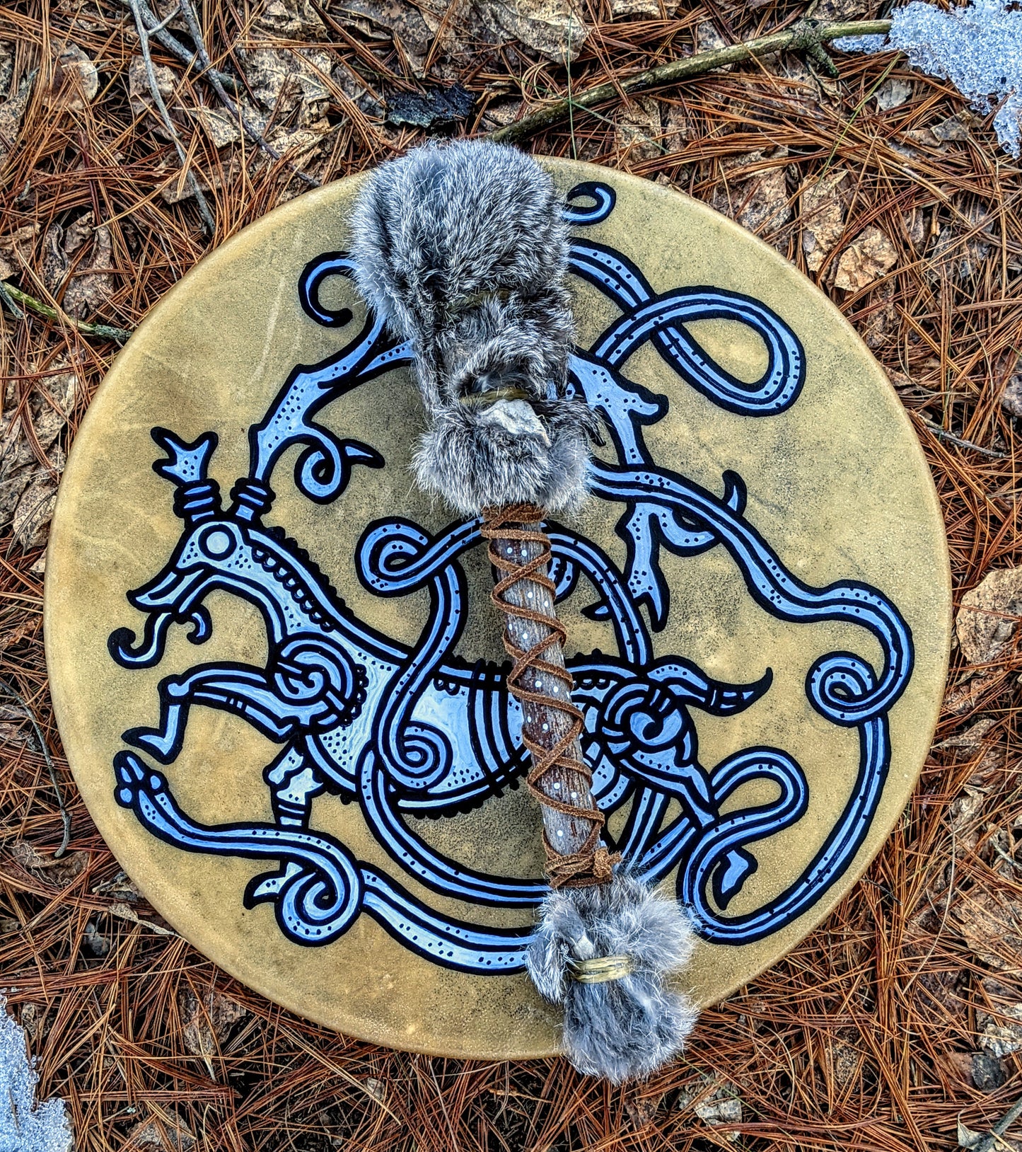 15 Inch Elk Hide Drum + Beater | Hand Painted Norse Elk Art | Rabbit Fur Head