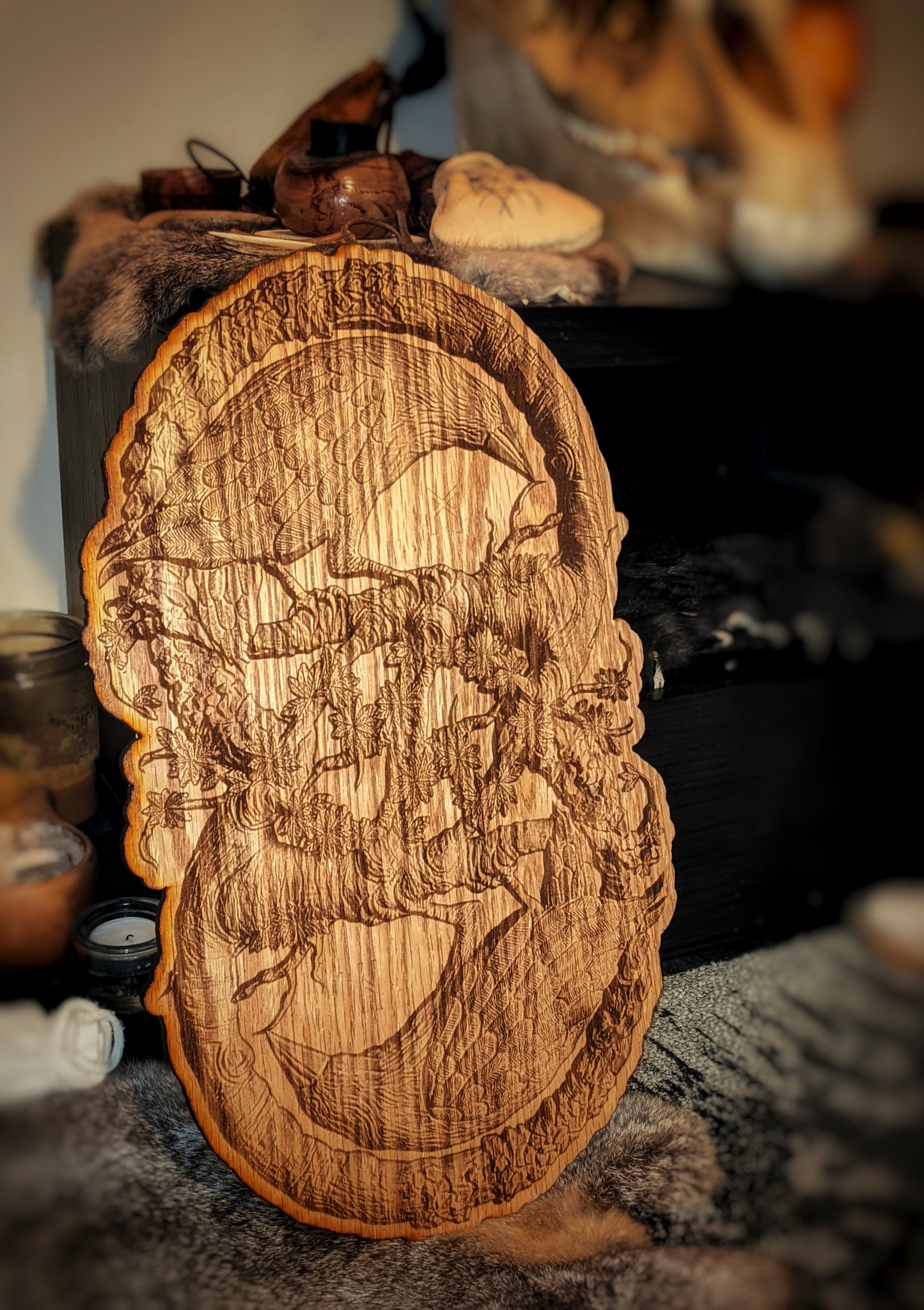 17.5" x 10.75" (44.45cm x 27) Huginn + Muninn Odin's Ravens Oak Engraved Wall Hanging | Norse Pagan | Asatru Altar Plate