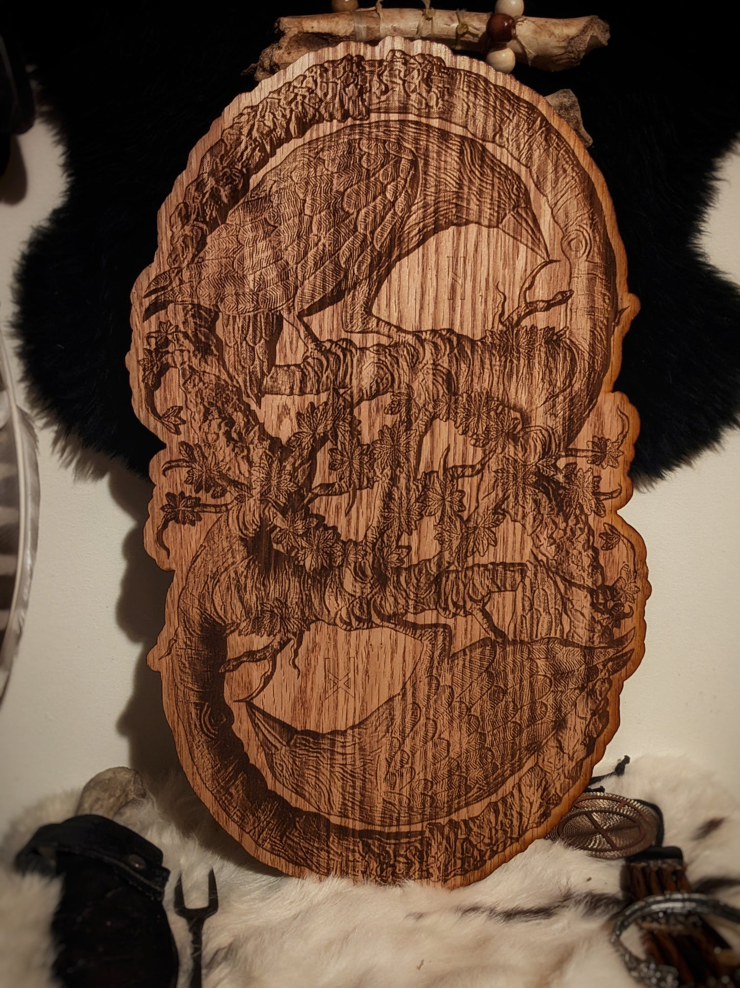 17.5" x 10.75" (44.45cm x 27) Huginn + Muninn Odin's Ravens Oak Engraved Wall Hanging | Norse Pagan | Asatru Altar Plate