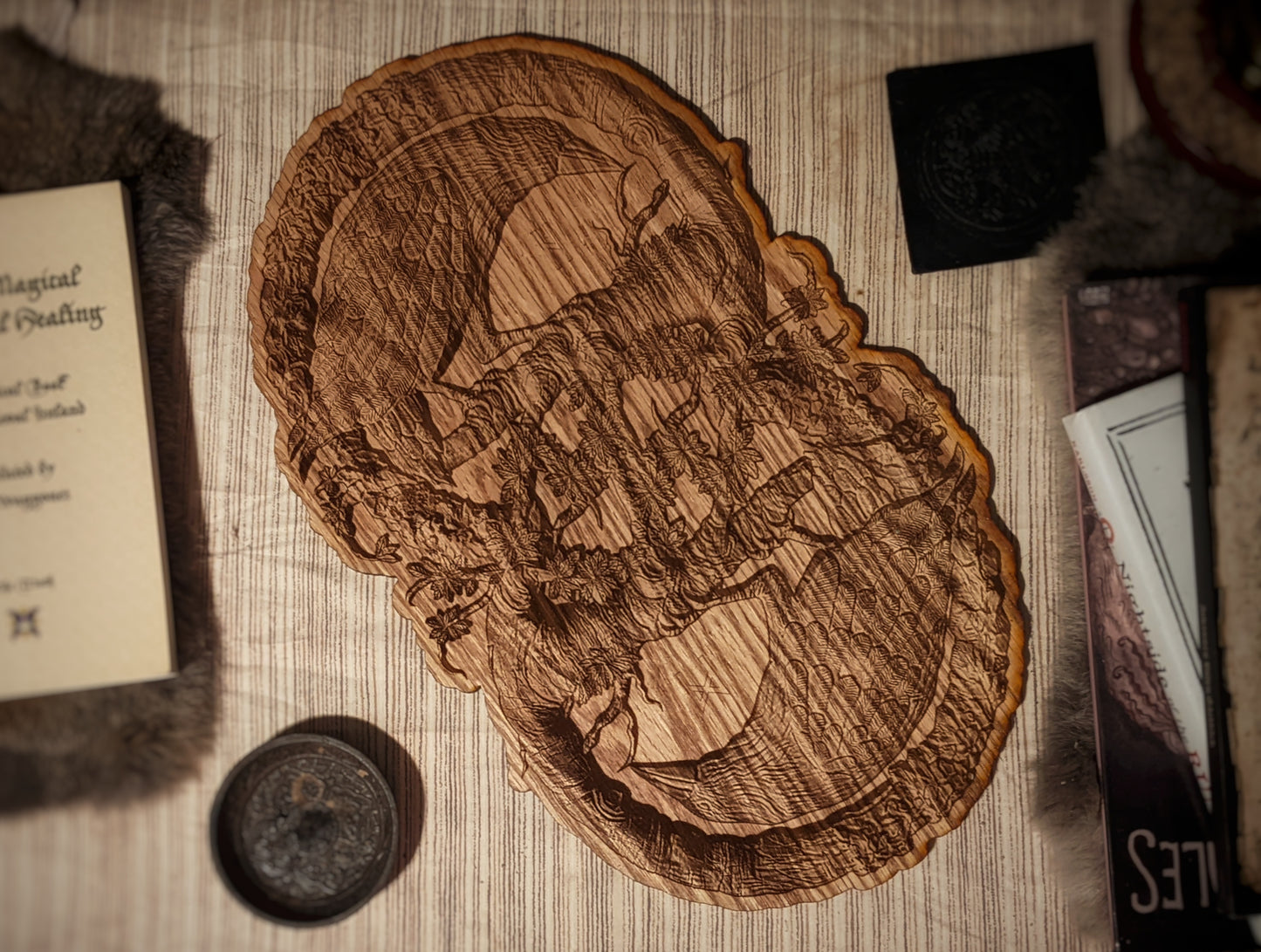 17.5" x 10.75" (44.45cm x 27) Huginn + Muninn Odin's Ravens Oak Engraved Wall Hanging | Norse Pagan | Asatru Altar Plate